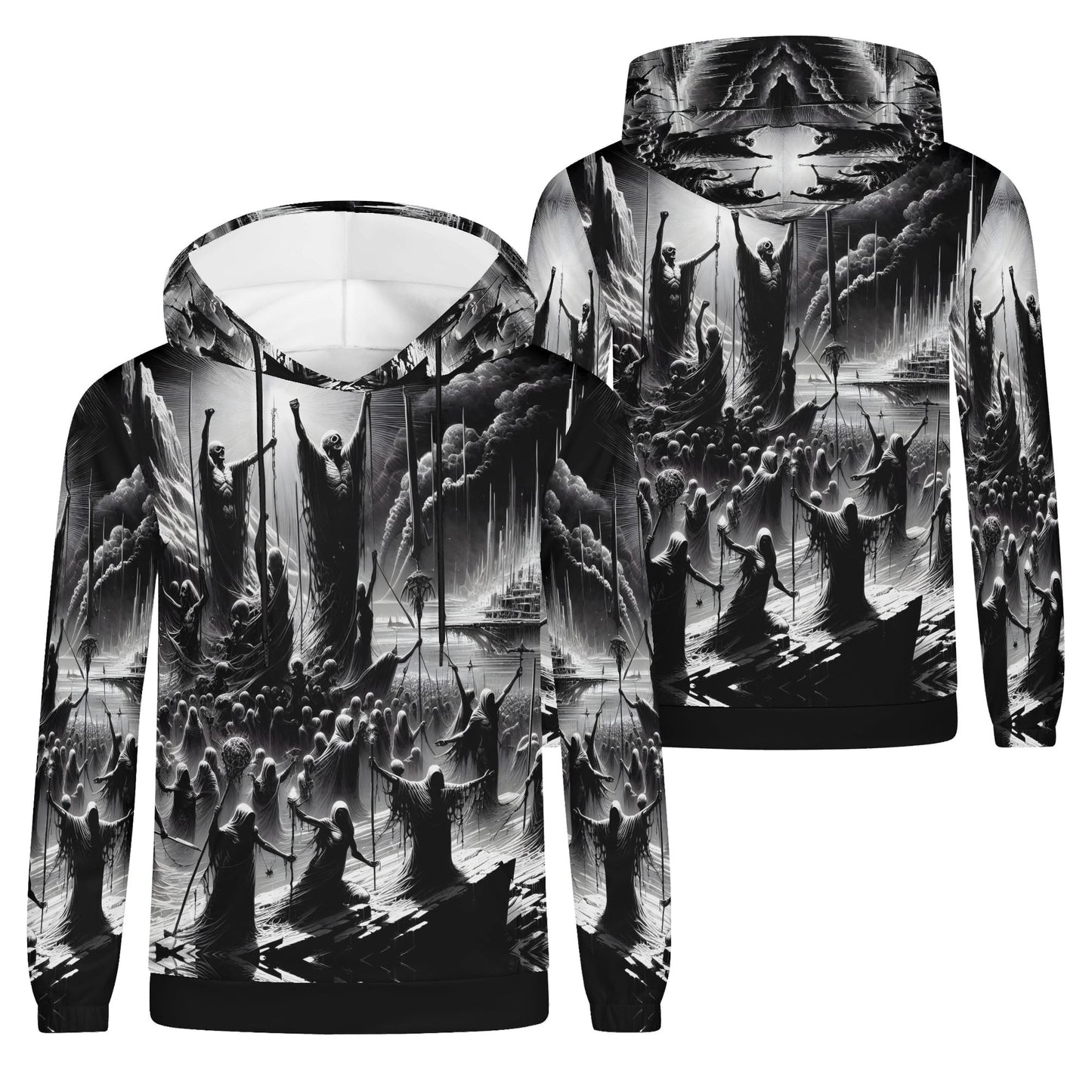 Loud and Lethal Rise of the Fallen Cotton Terry hoodie in black and white with detailed crowd and figures design