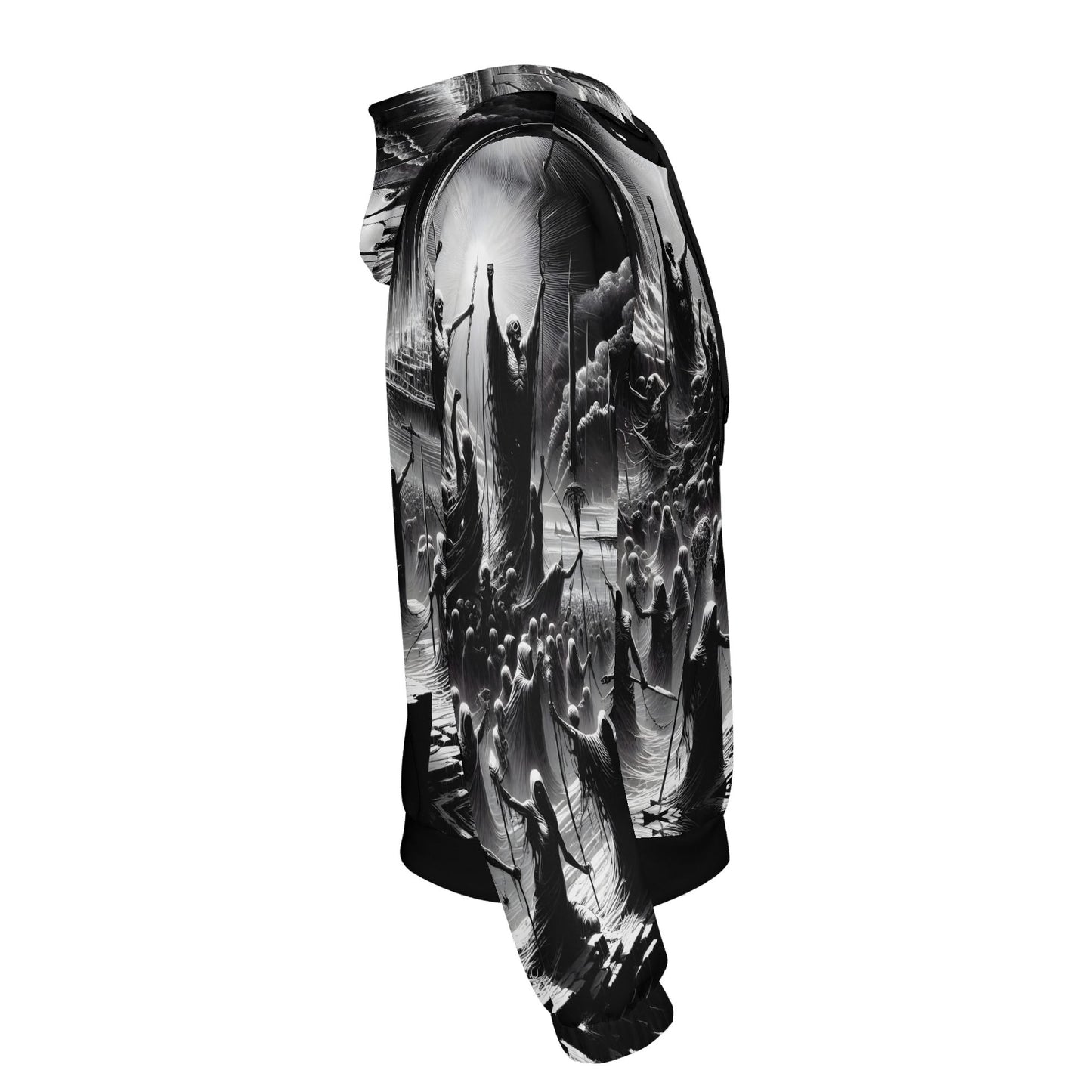Side view of Loud and Lethal Rise of the Fallen Cotton Terry hoodie with black and white detailed graphic design
