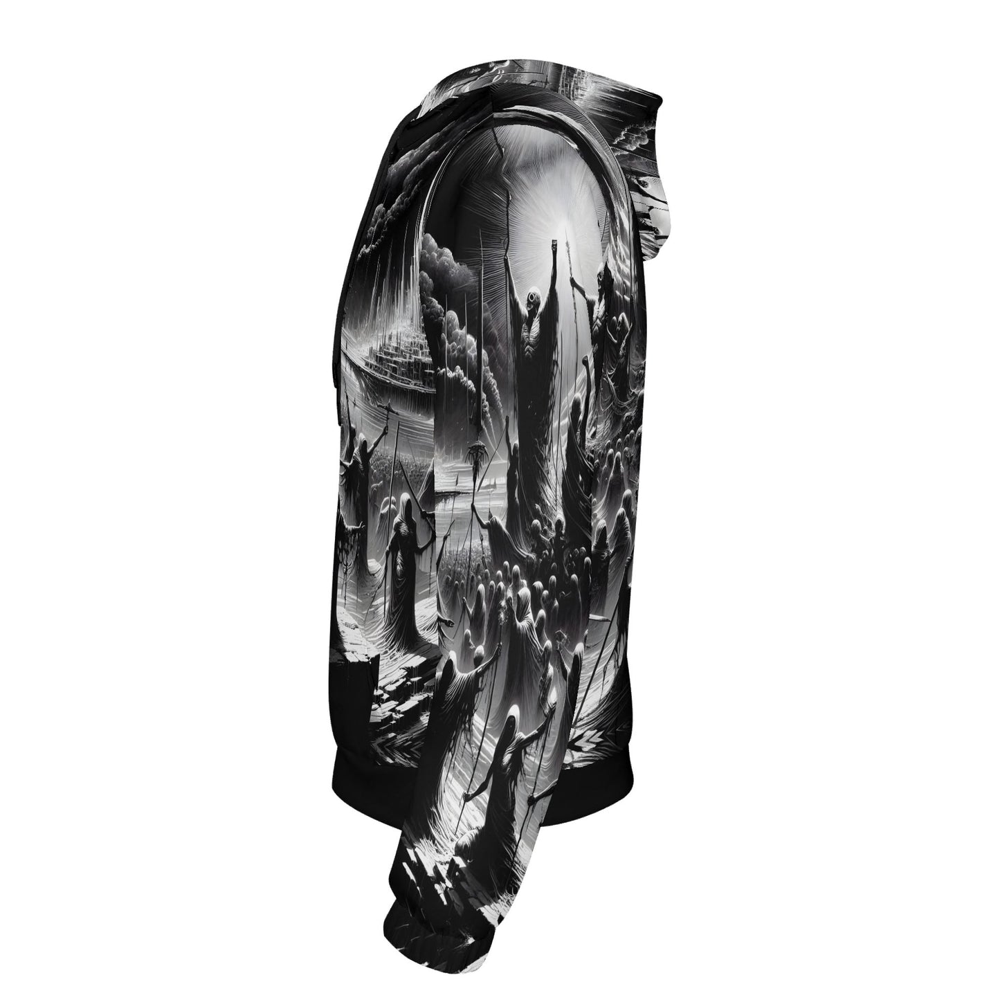 Side view of Rise of the Fallen Cotton Terry hoodie by Loud and Lethal with black and white detailed graphic design