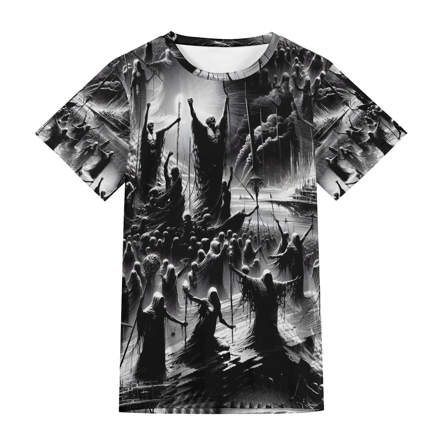 Rise of the Fallen Lycra T-Shirt by Loud and Lethal featuring black and white dark fantasy design