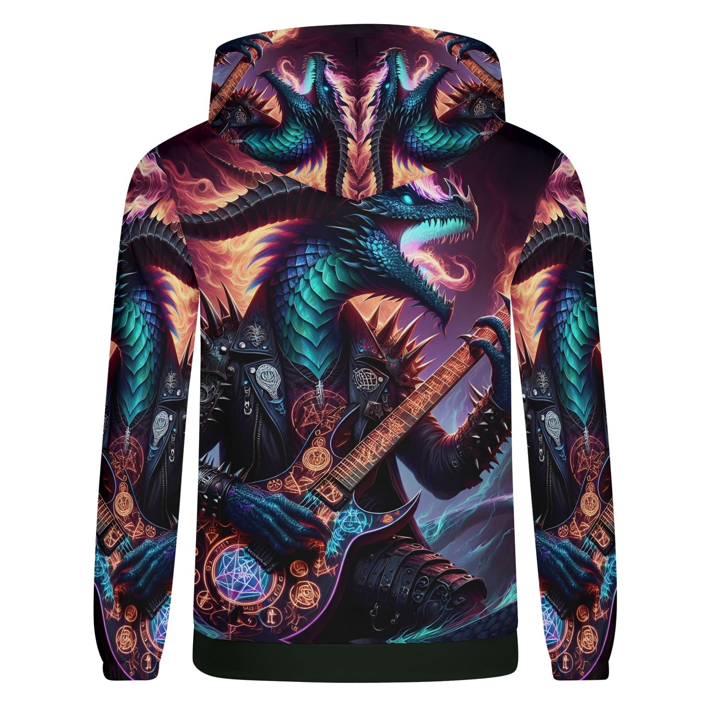 Back view of Loud and Lethal Rock n Roar Poly French Terry hoodie featuring a dragon playing electric guitar graphic