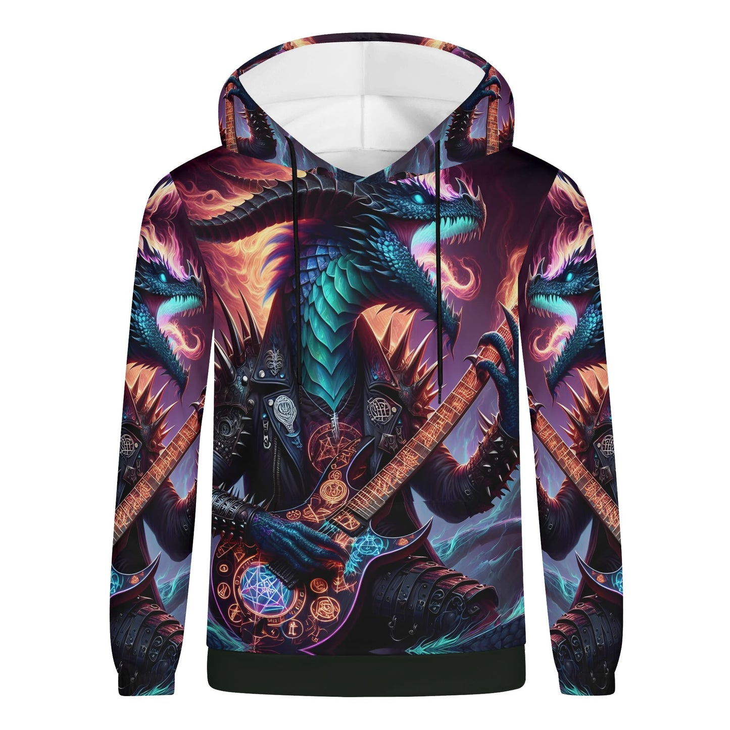 Loud and Lethal Rock n Roar Poly French Terry hoodie with dragon playing electric guitar graphic