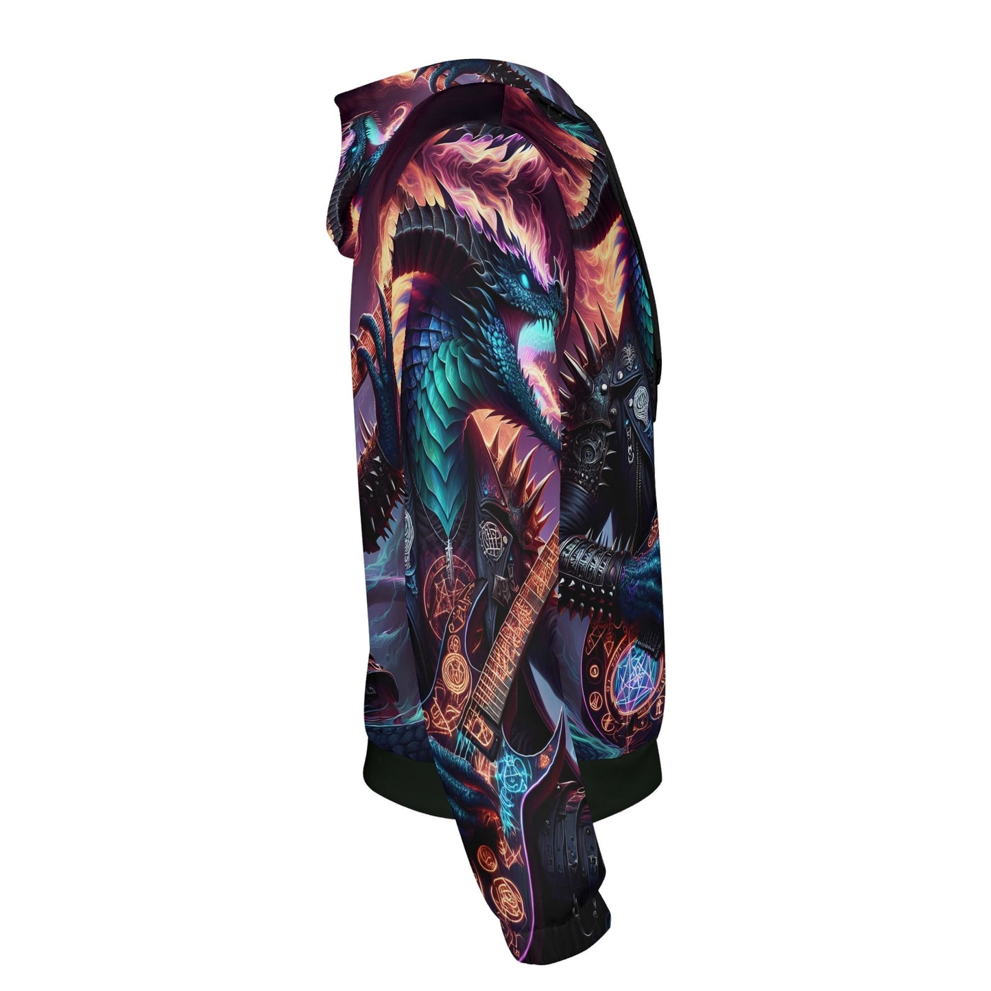 Loud and Lethal Rock n Roar Poly French Terry hoodie with vibrant dragon and guitar graphic in dark colors