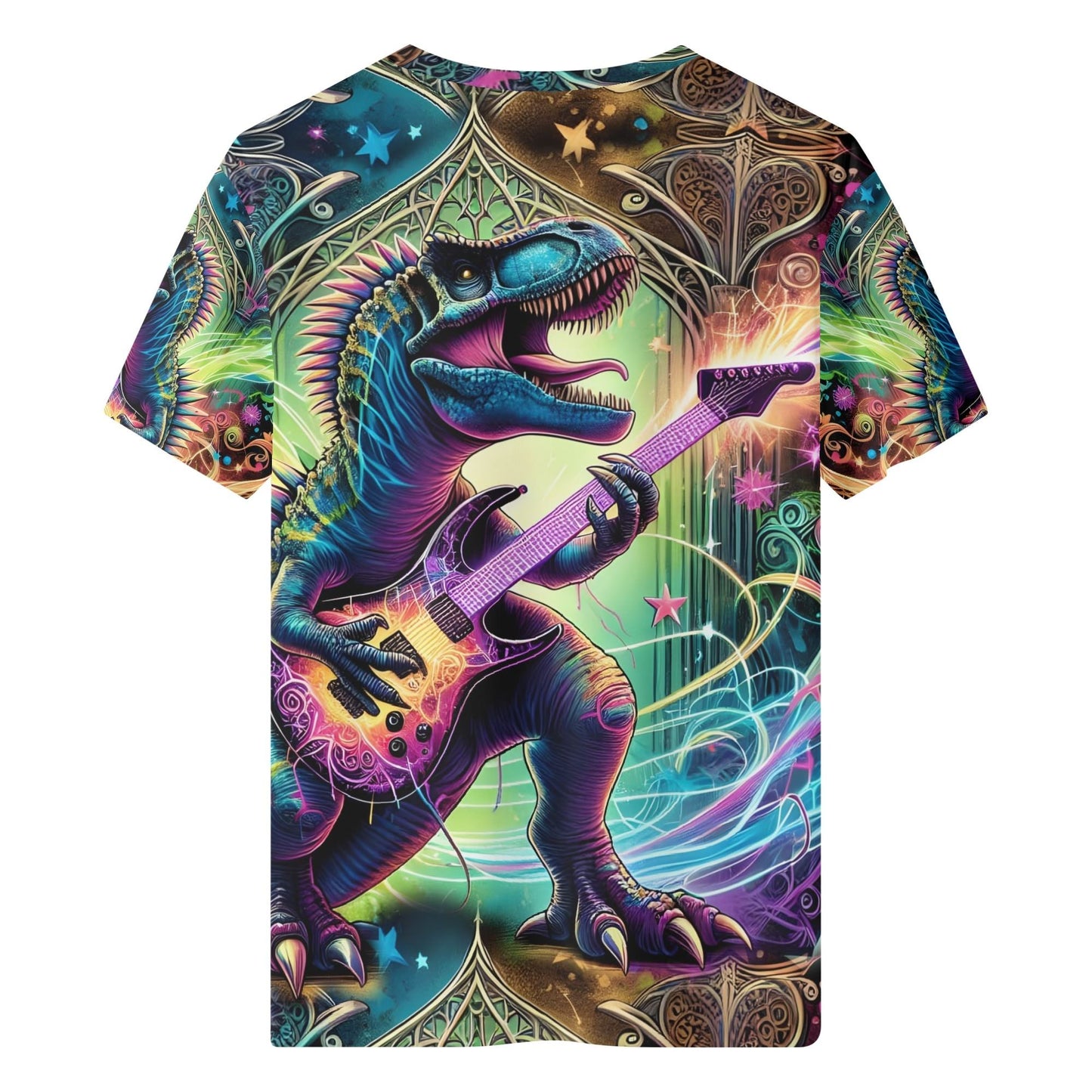 Rockasaurus Organic Cotton Kids T-Shirt featuring a colorful dinosaur playing electric guitar graphic