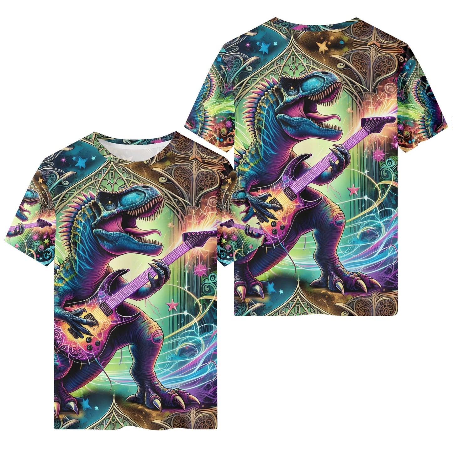 Rockasaurus Organic Cotton Kids T-Shirt by Loud and Lethal featuring colorful dinosaur playing electric guitar
