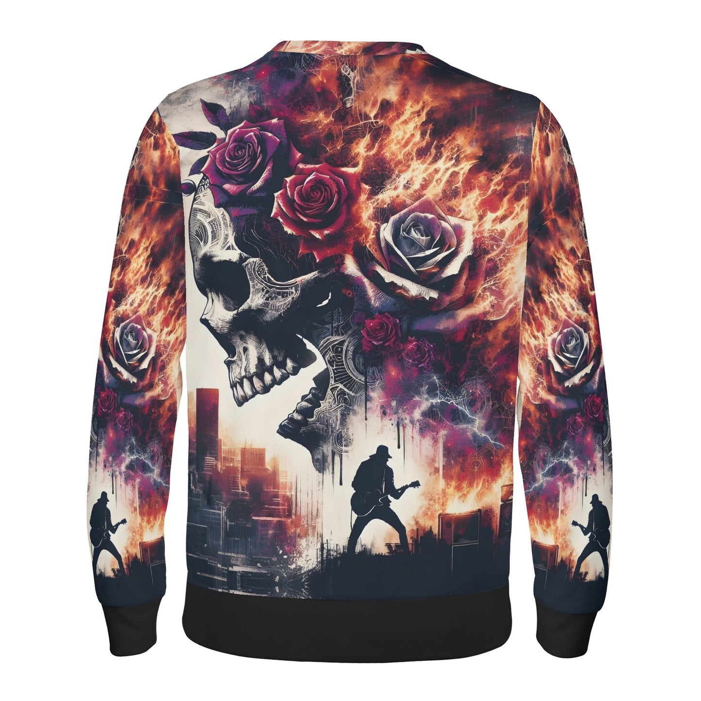 Rockfire Vengeance Poly French Terry Sweatshirt unisex sweater with flaming skull roses and guitarist silhouettes