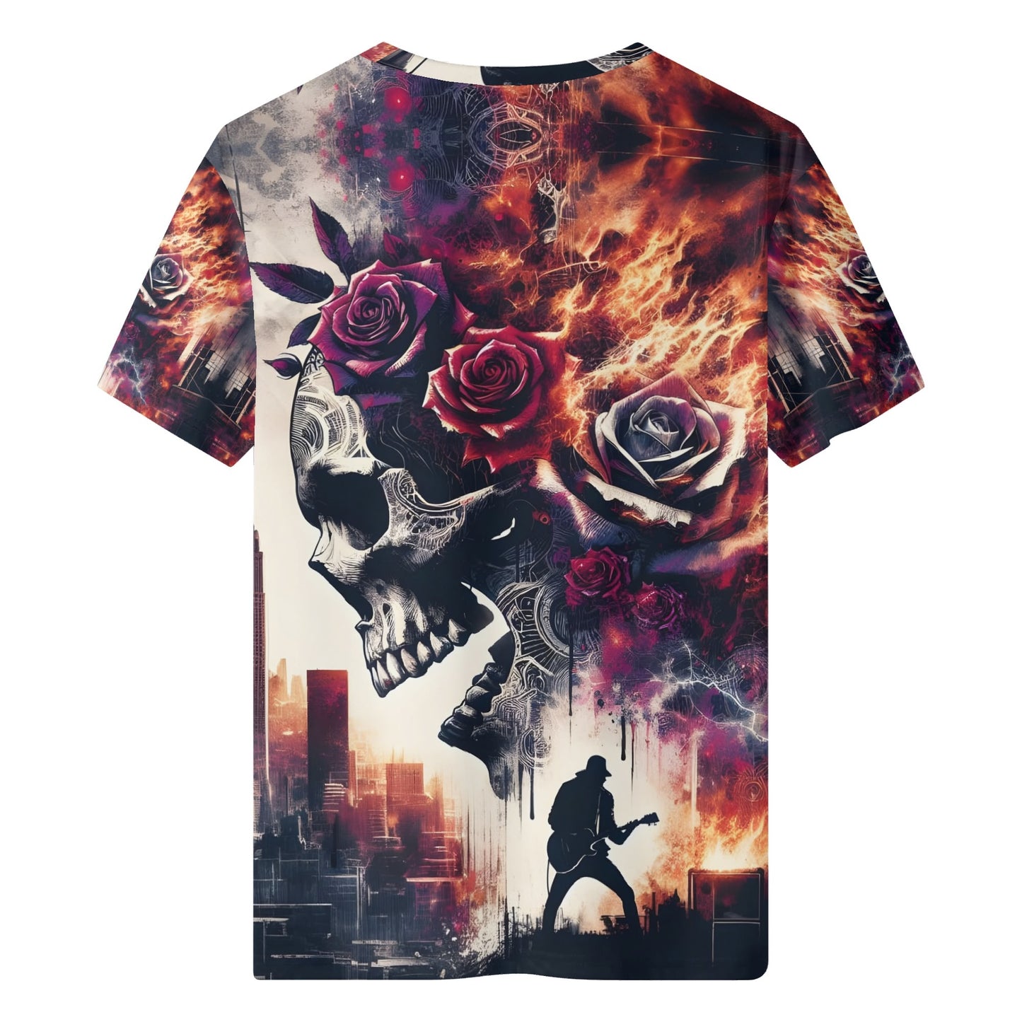 Rockfire Vengeance 100 Cotton T-Shirt by Loud and Lethal with skull, roses, and fiery rock musician graphic