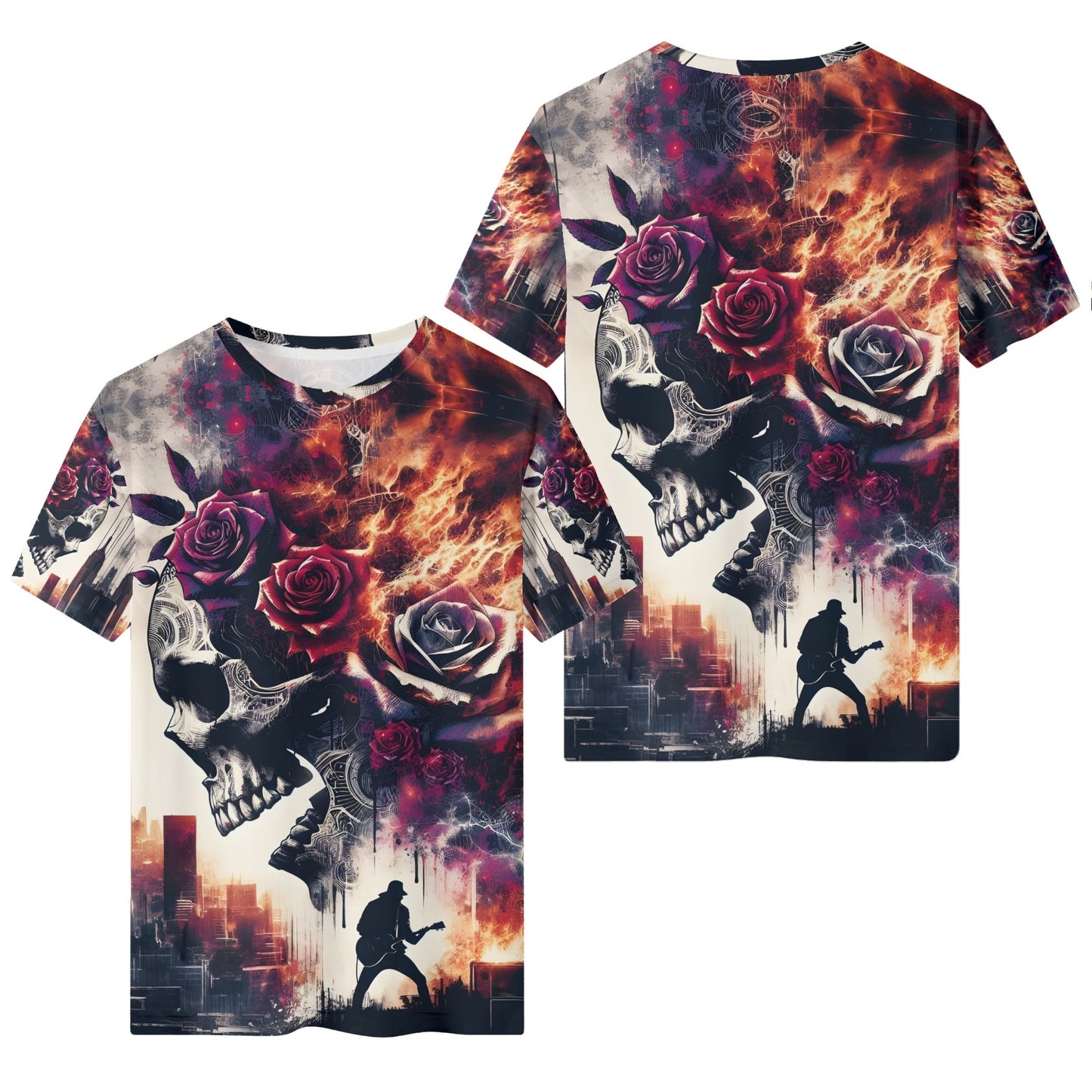 Loud and Lethal Rockfire Vengeance 100 Cotton T-Shirt with skull, roses, and guitarist graphic, unisex style