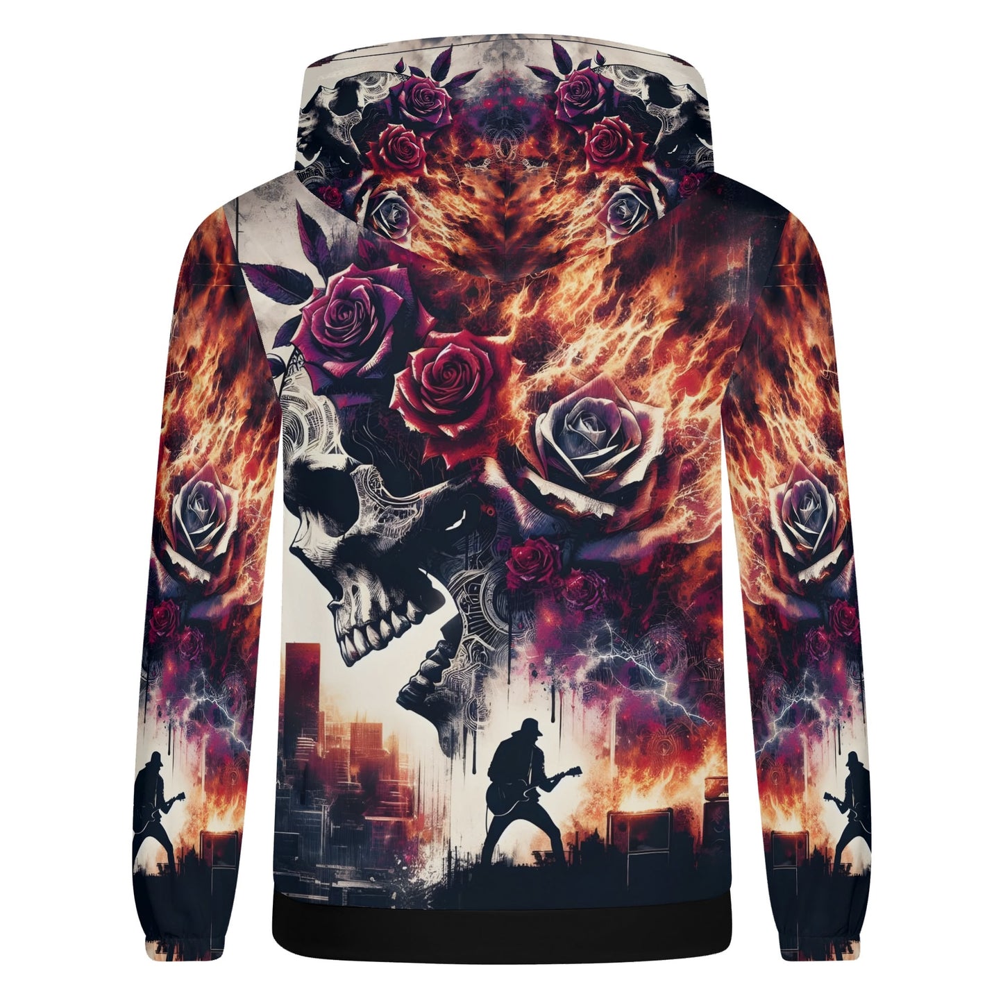 Rockfire Vengeance Poly French Terry hoodie by Loud and Lethal featuring skull, roses, flames, and guitarist graphic design
