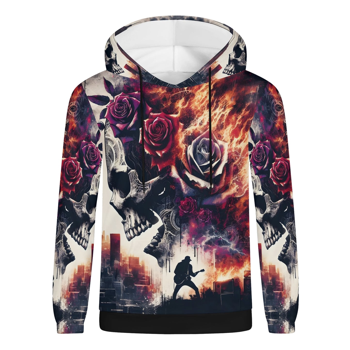Loud and Lethal Rockfire Vengeance Poly French Terry hoodie with skulls, roses, and fiery guitar player design