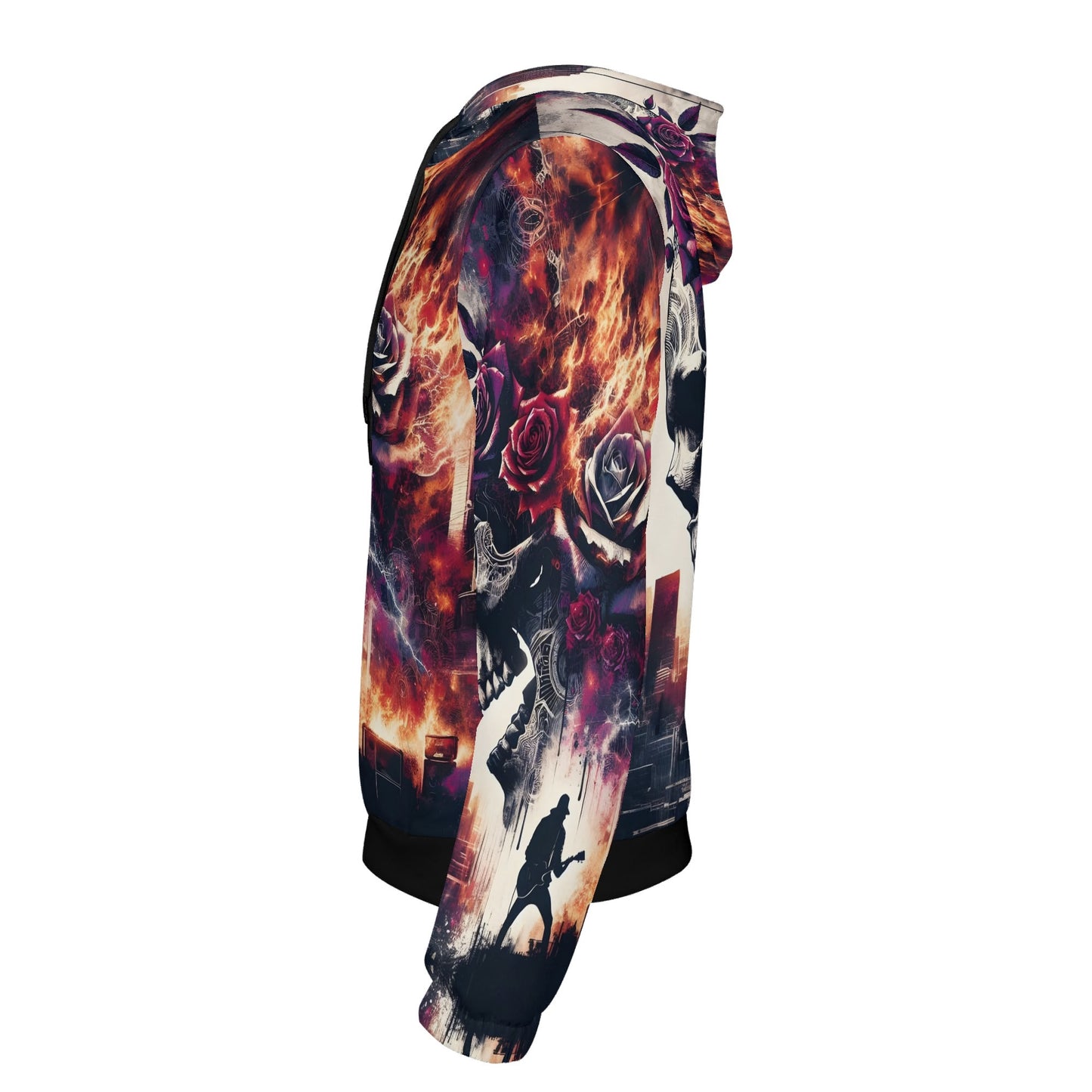 Unisex Rockfire Vengeance Poly French Terry hoodie by Loud and Lethal with fiery skull and rose graphic design
