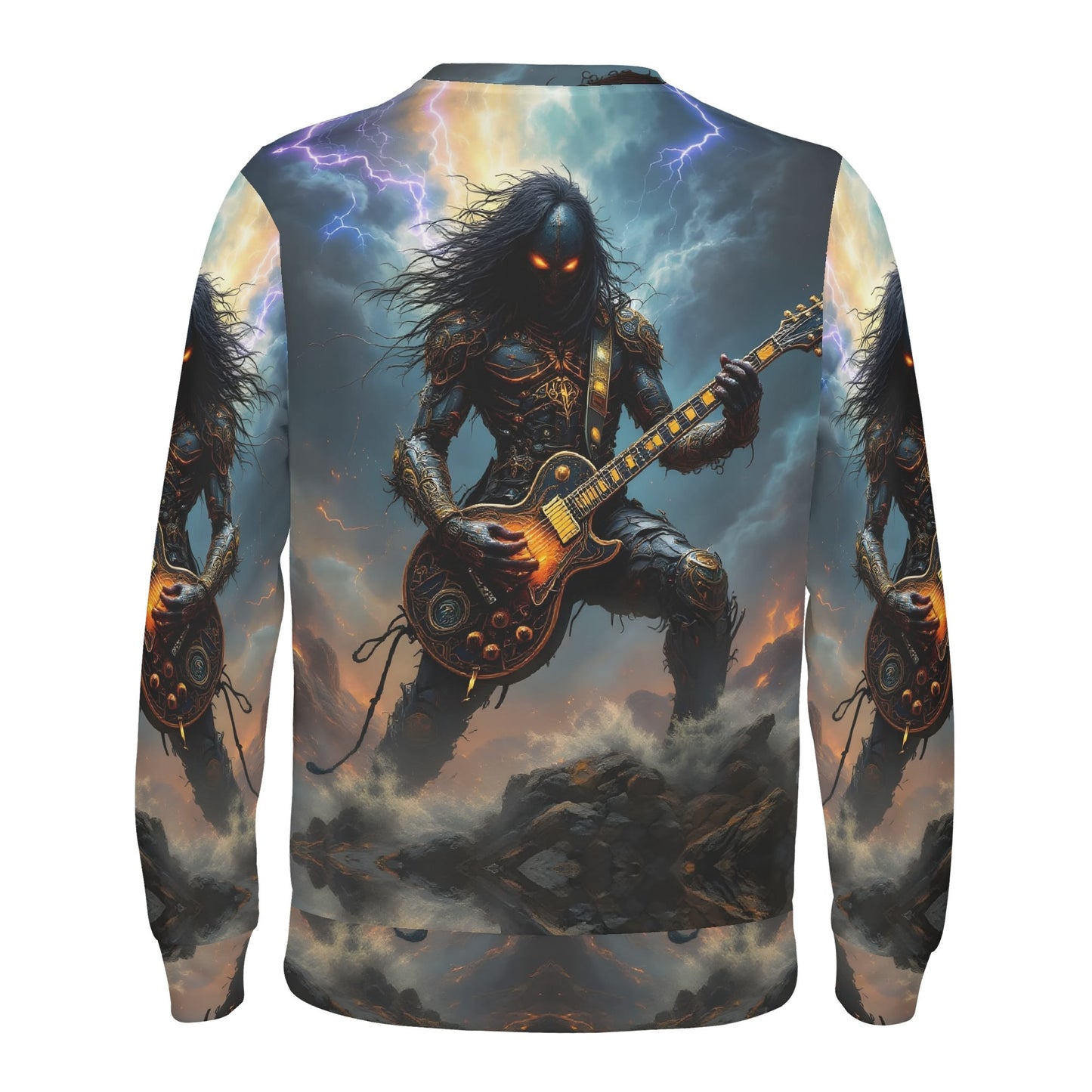 Guitar of the Gods Poly French Terry Sweatshirt by Loud and Lethal featuring a fiery demonic guitarist with lightning storm print