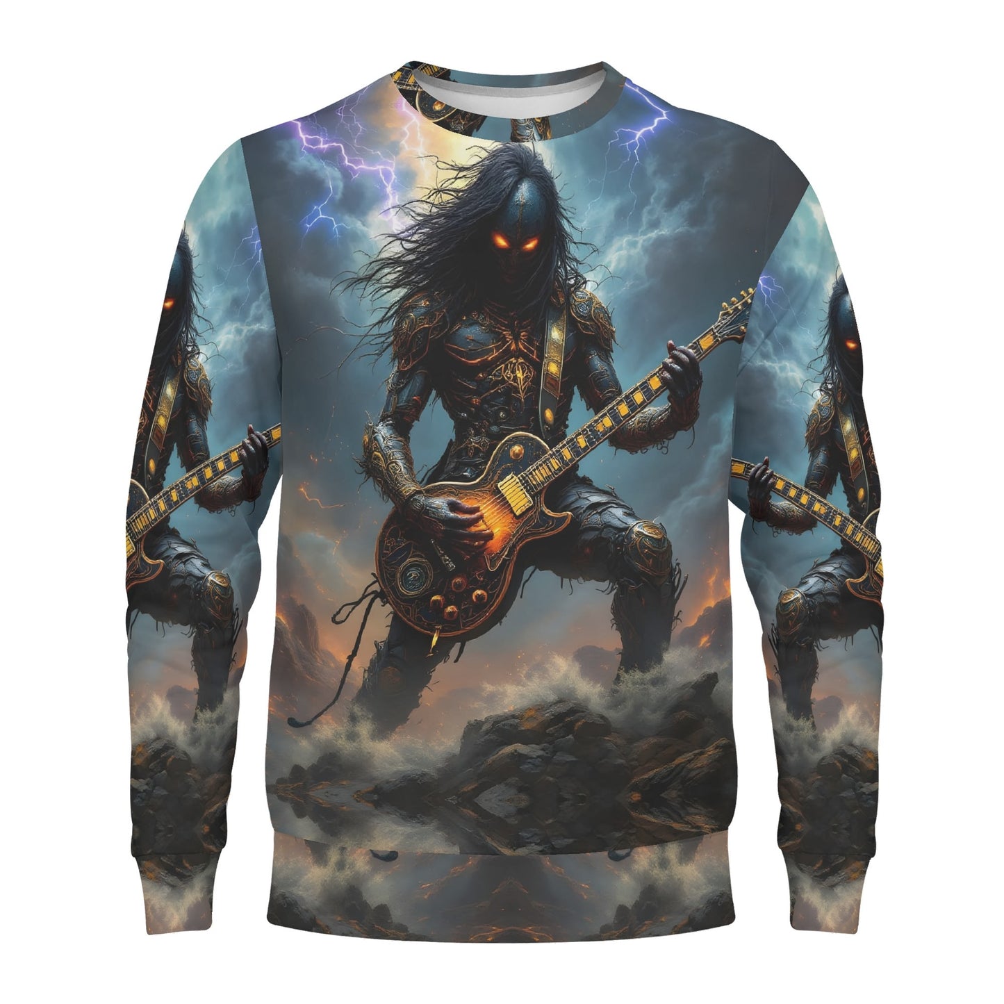 Guitar of the Gods Poly French Terry Sweatshirt by Loud and Lethal featuring dark demonic guitarist with glowing eyes and storm