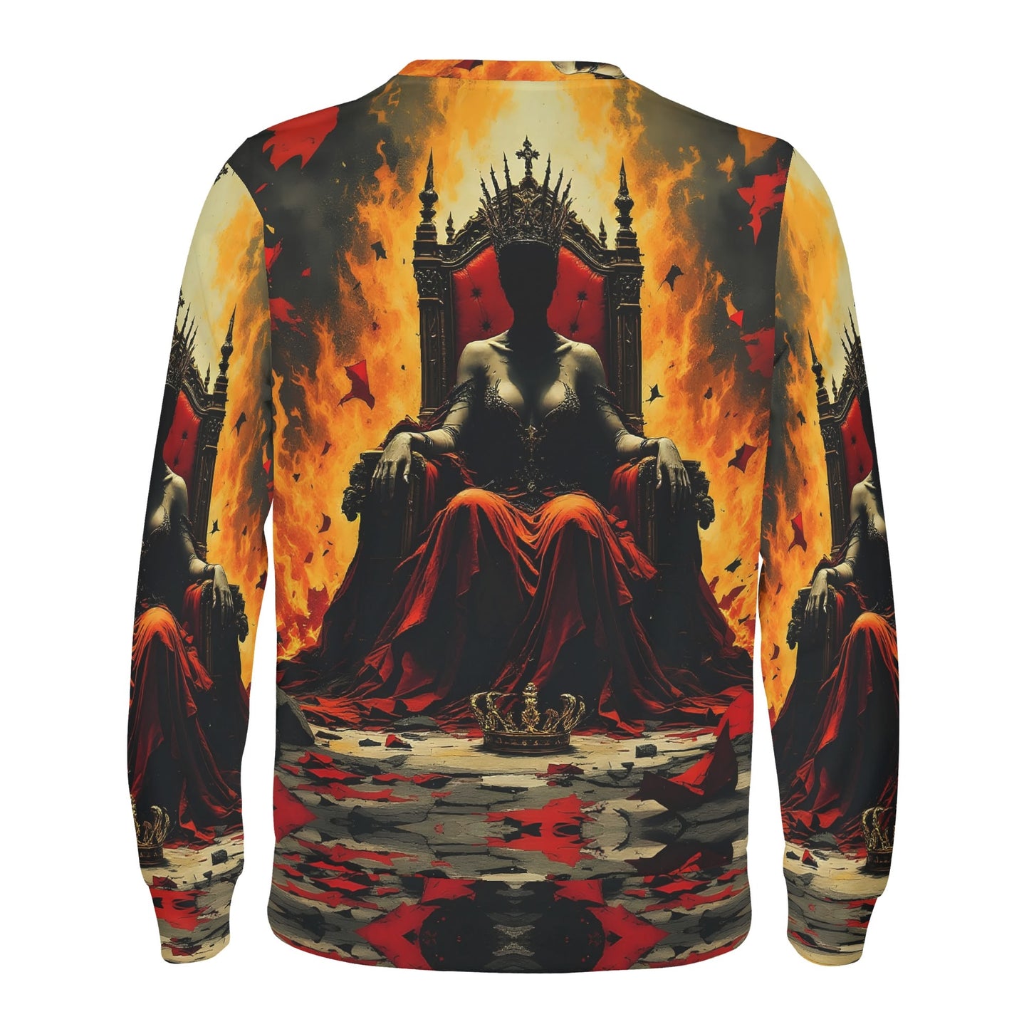 God Save The Queen Poly French Terry Sweatshirt . Loud and Lethal unisex sweater with fiery throne queen graphic in red and black