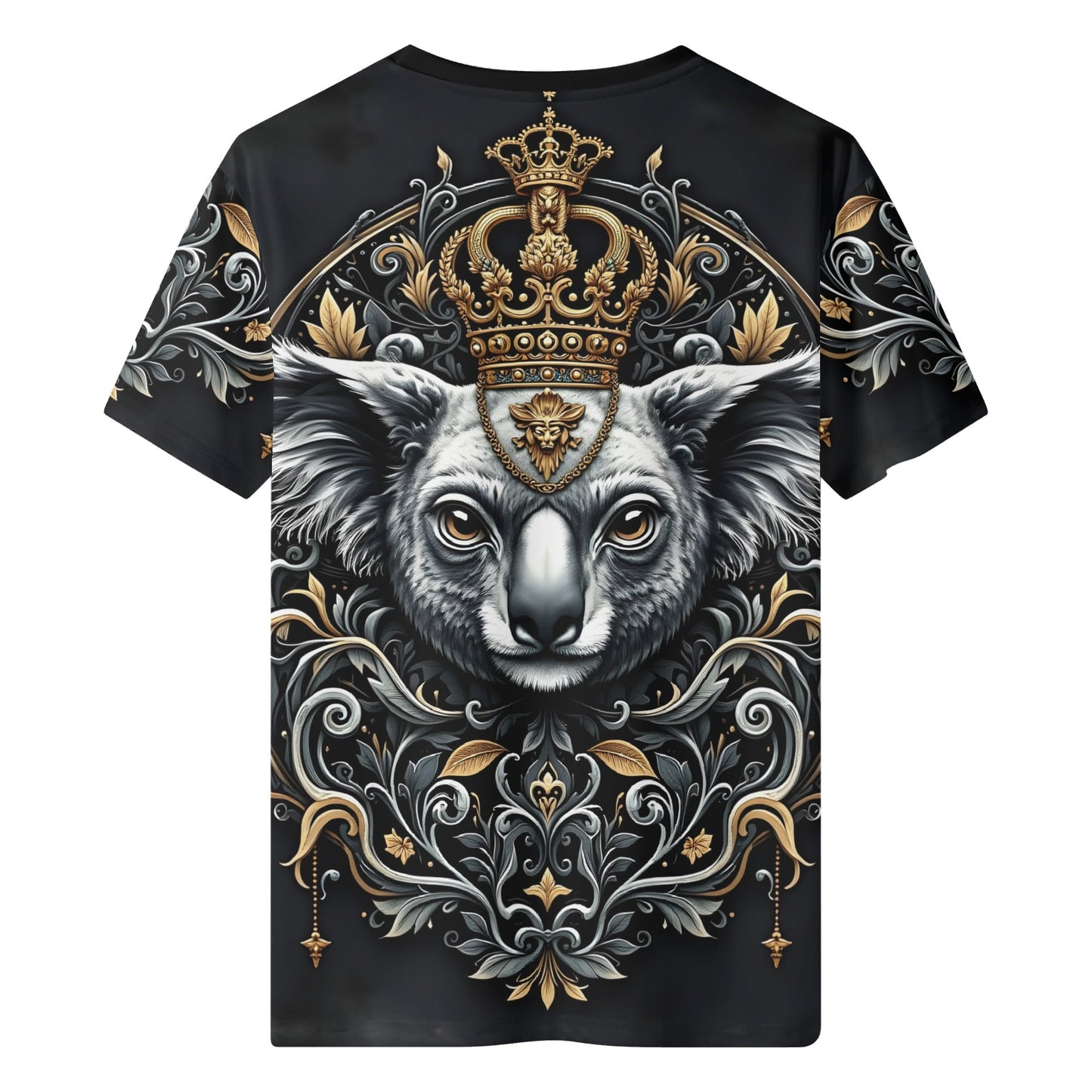 Koala Royalty Lycra T-Shirt Limited Edition by Loud and Lethal unisex black tee with crowned koala and gold ornamental filigree