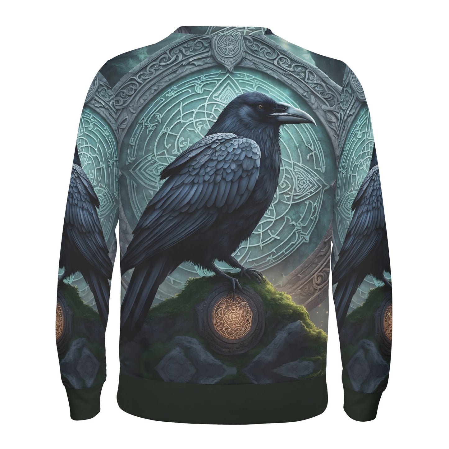 Raven of the Runestones Poly French Terry Sweatshirt unisex sweatshirt with detailed raven on carved runestone background