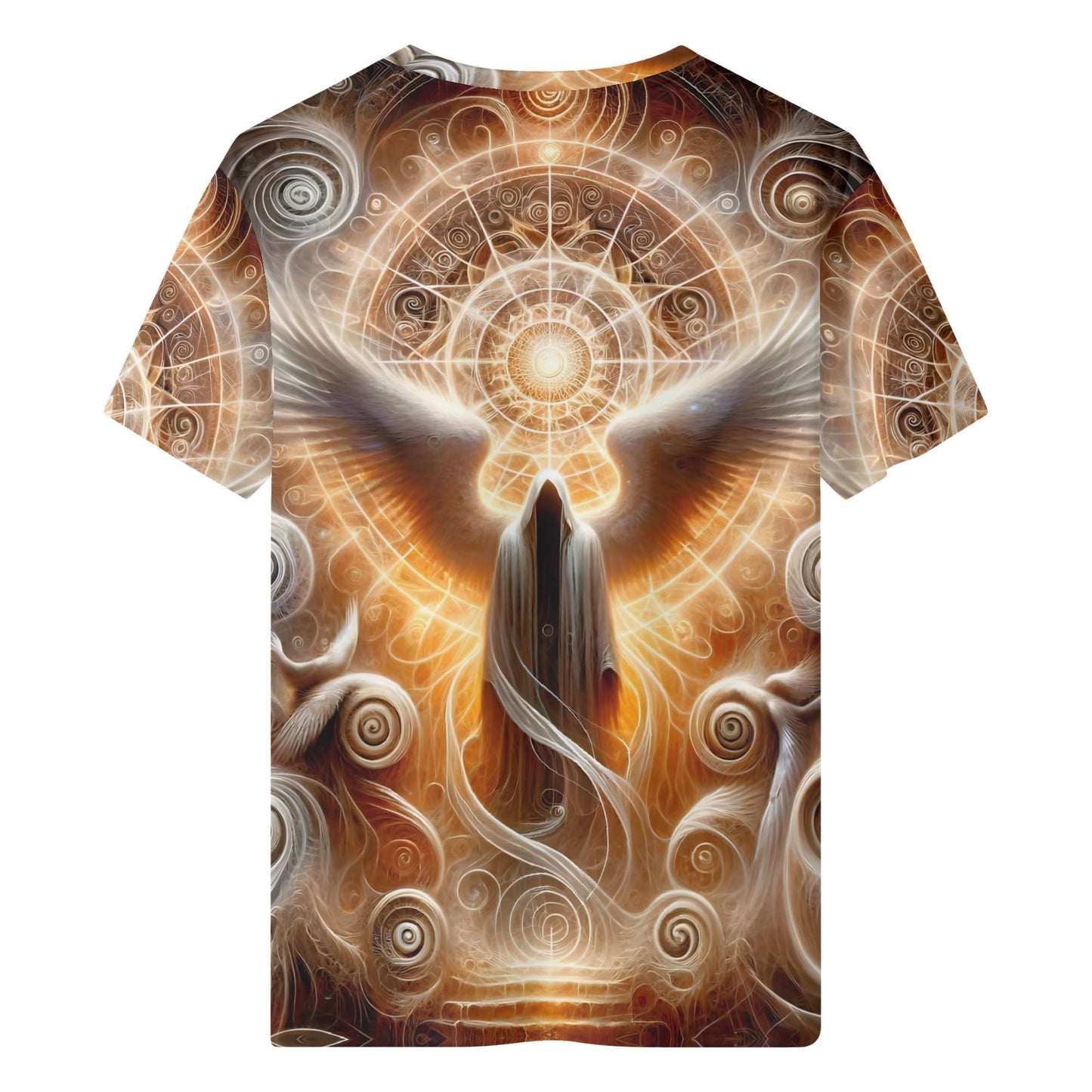 Sacred Wings 100 Cotton T-Shirt featuring an artistic angel with glowing wings and mystical patterns