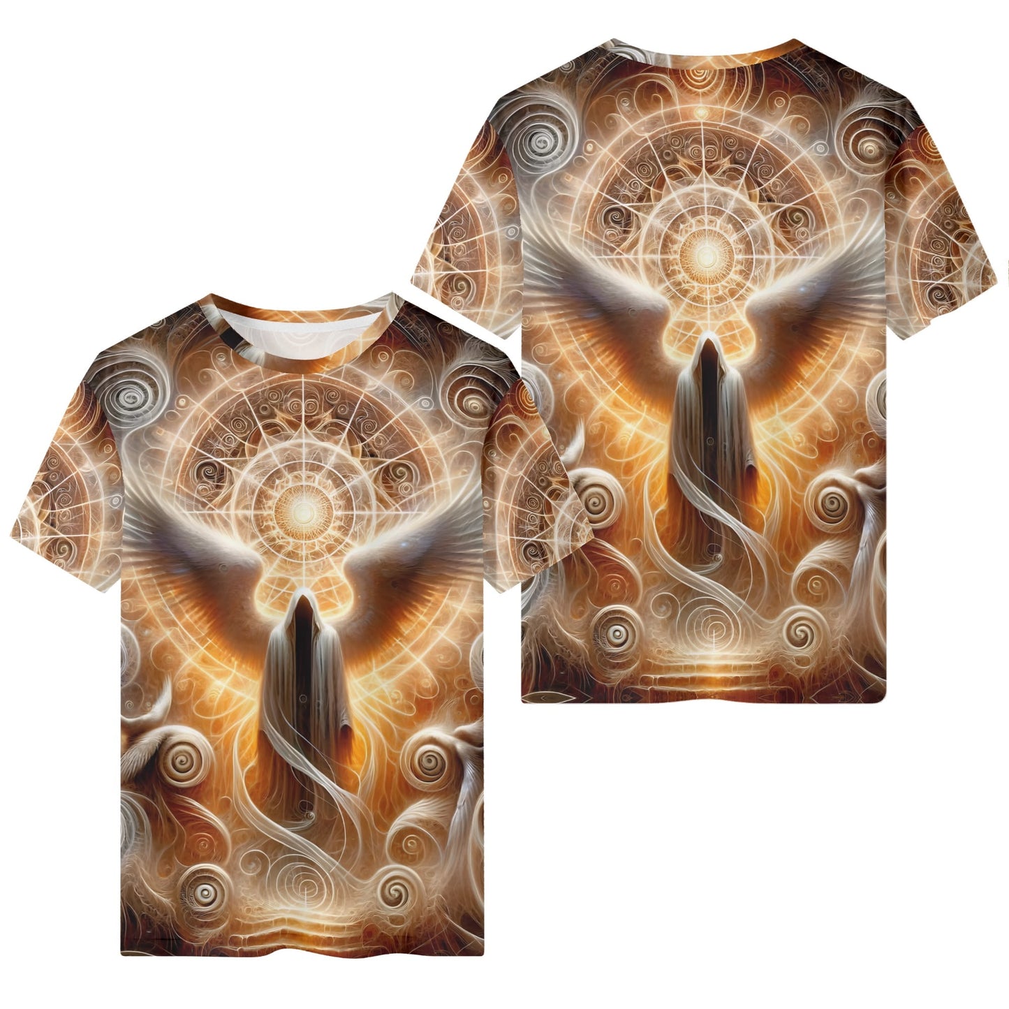 Sacred Wings 100 Cotton T-Shirt with detailed angel wings and mystical glowing design on front and back