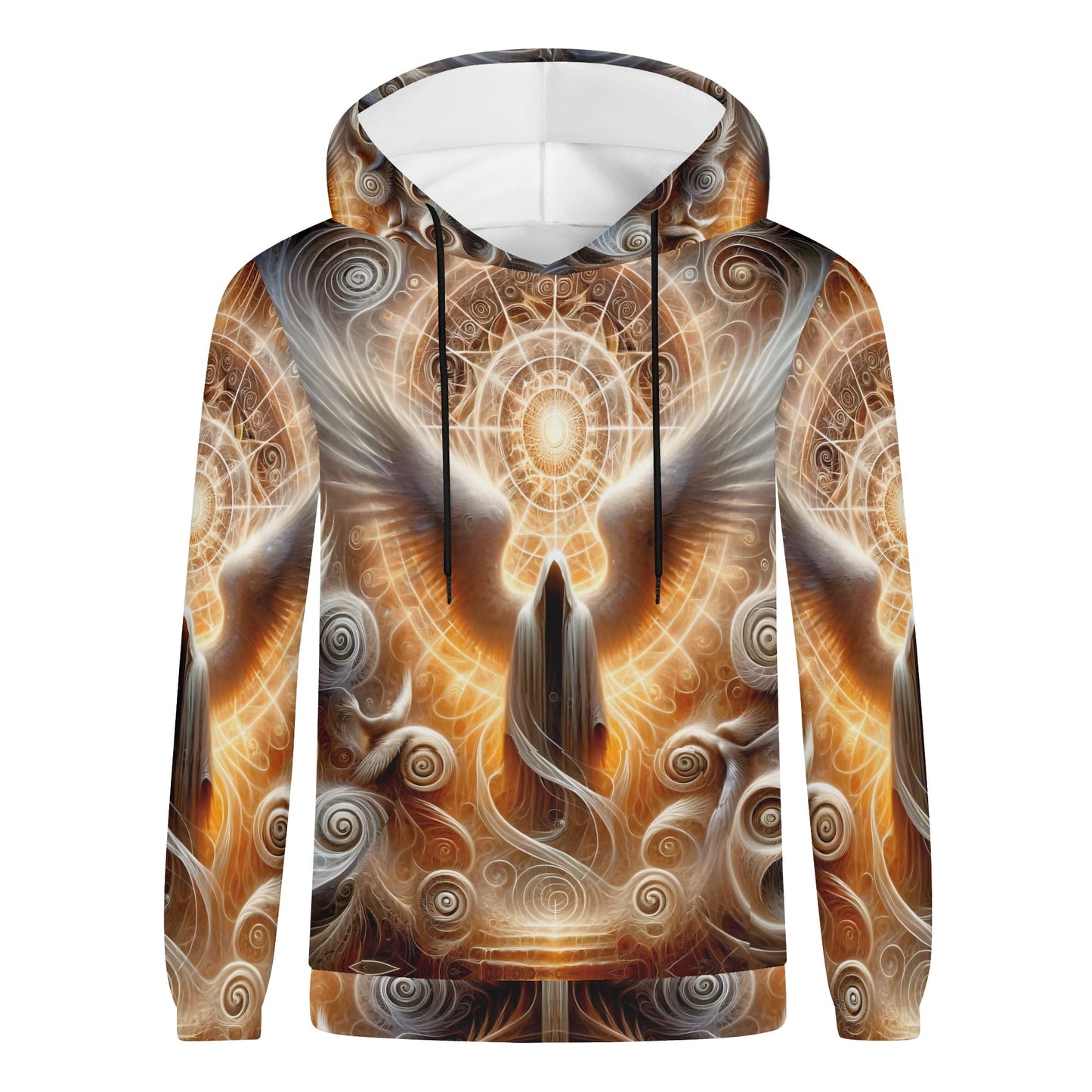 Unisex Sacred Wings Poly French Terry Hoodie featuring intricate glowing wing and spiral design by Loud and Lethal