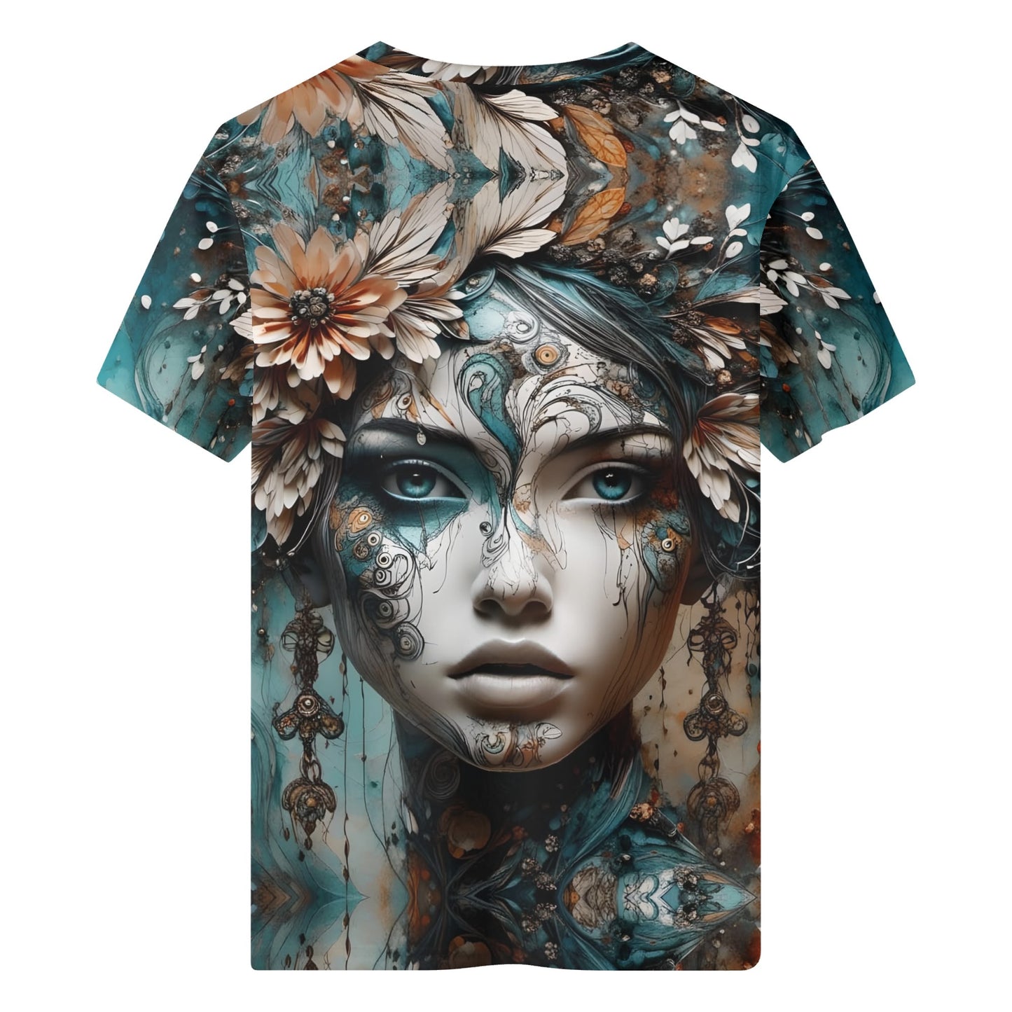 Seraph Shade 100 Cotton T-Shirt featuring artistic face and floral design in teal and brown tones