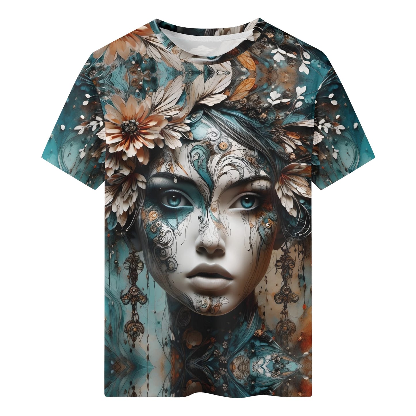 Seraph Shade 100 Cotton T-Shirt featuring artistic floral and female face design in blue and brown tones