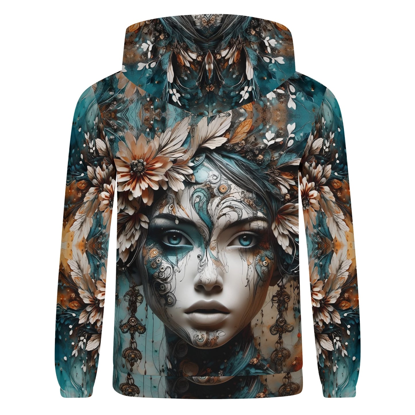 Unisex Seraph Shade cotton terry hoodie by Loud and Lethal with artistic floral and face design in teal and brown tones