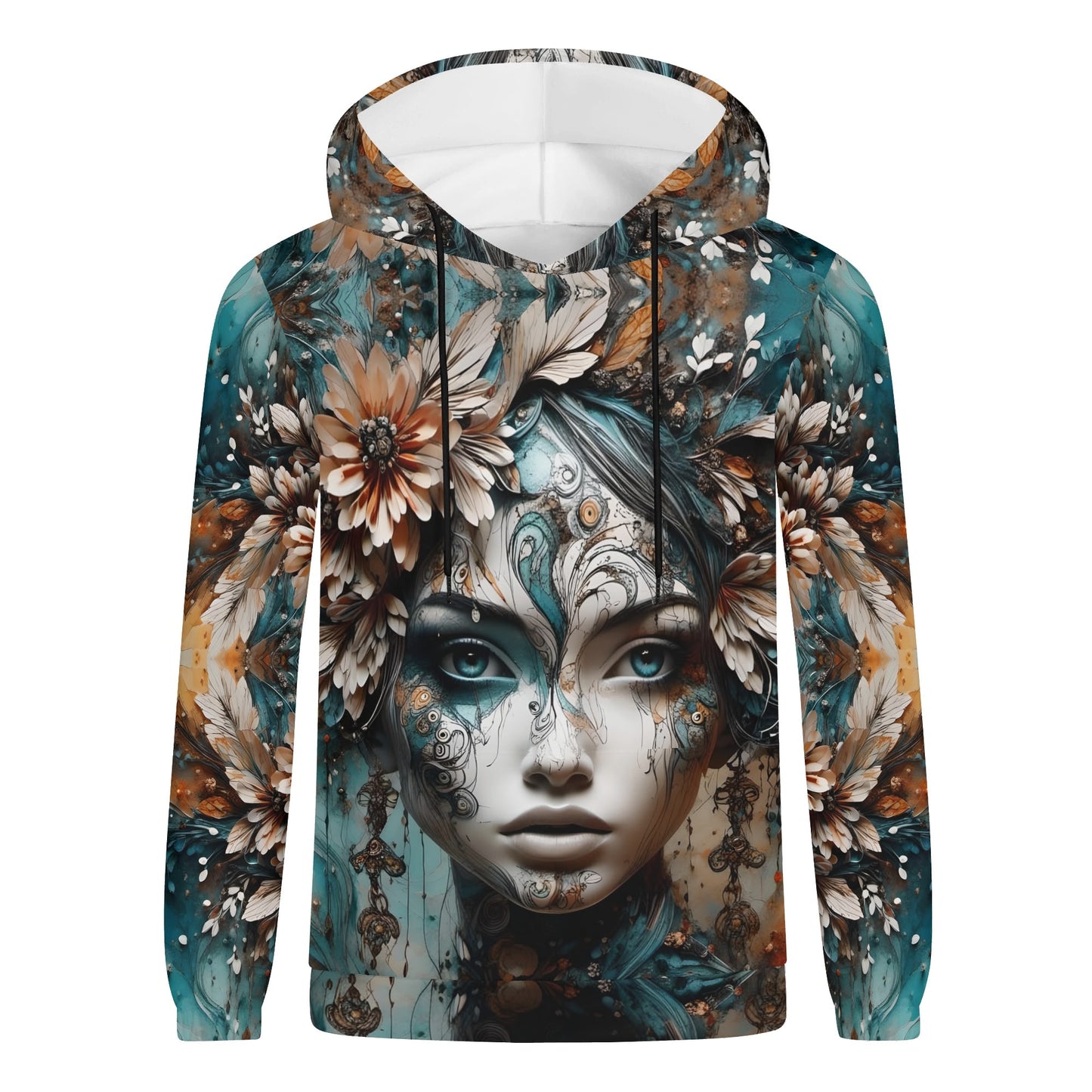 Seraph Shade cotton terry hoodie by Loud and Lethal featuring detailed artistic female face with floral and teal accents