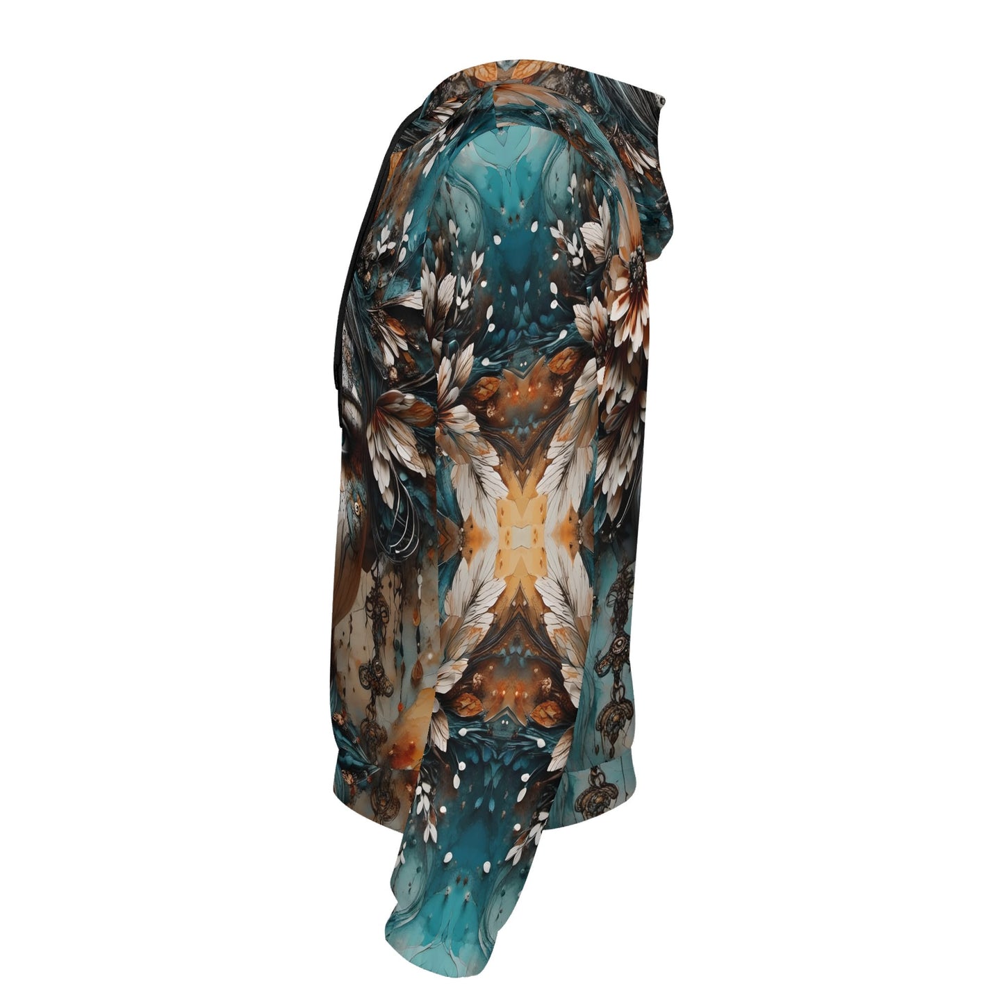Side view of Loud and Lethal Seraph Shade cotton terry hoodie with abstract floral and feather design