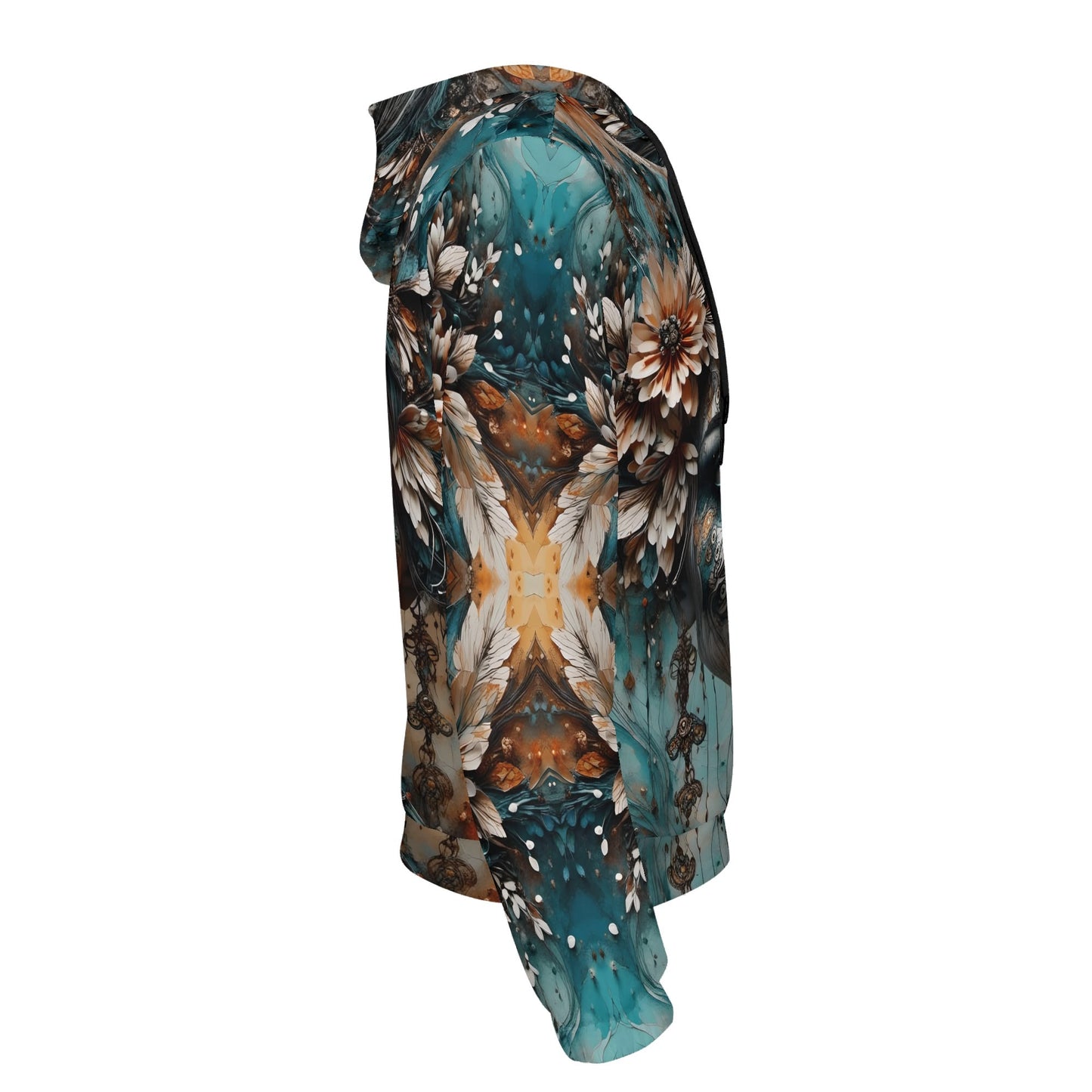 Loud and Lethal Seraph Shade cotton terry hoodie with intricate blue and brown floral design side view