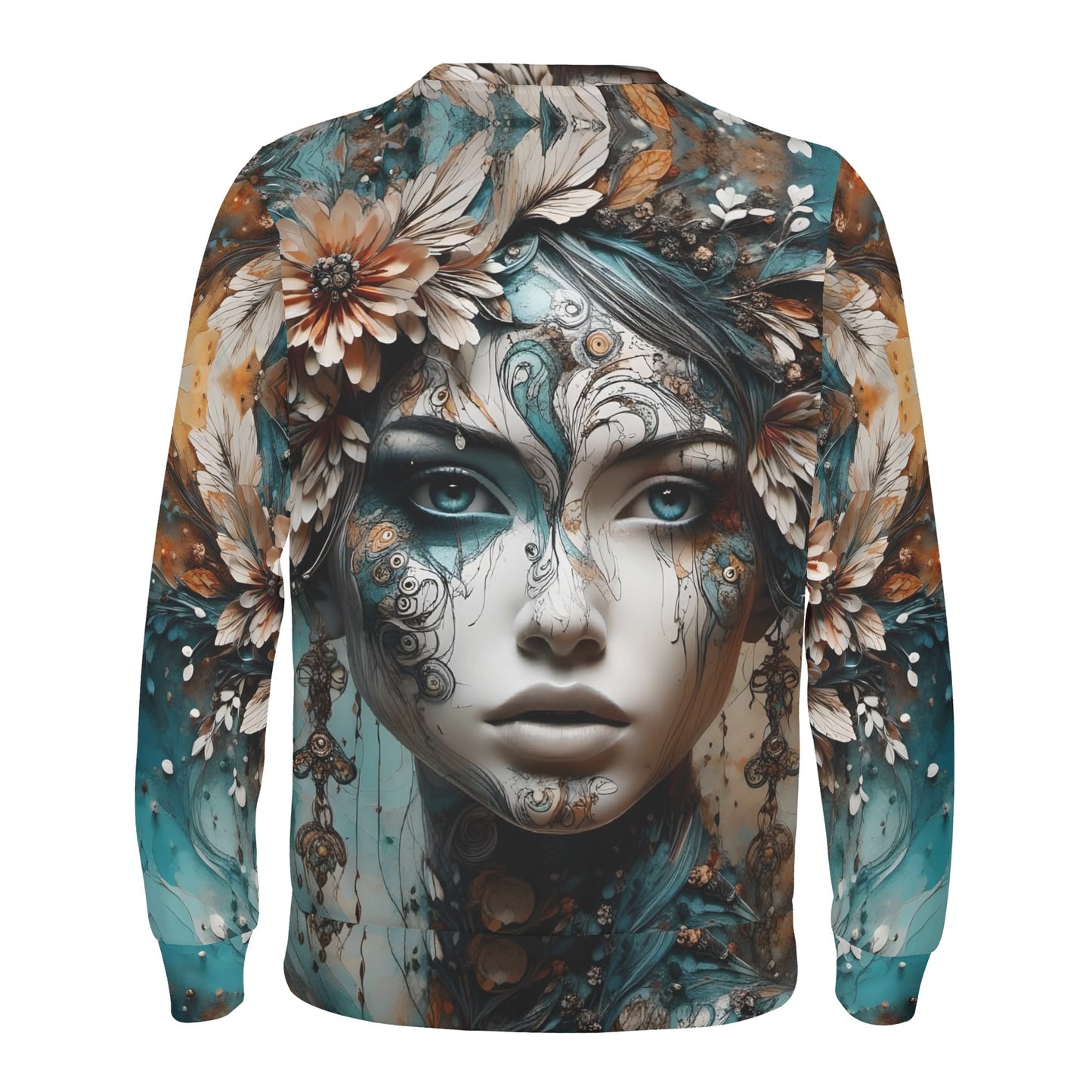 Seraph Shade Poly French Terry Sweatshirt by Loud and Lethal featuring artistic floral and female face design in teal and brown tones