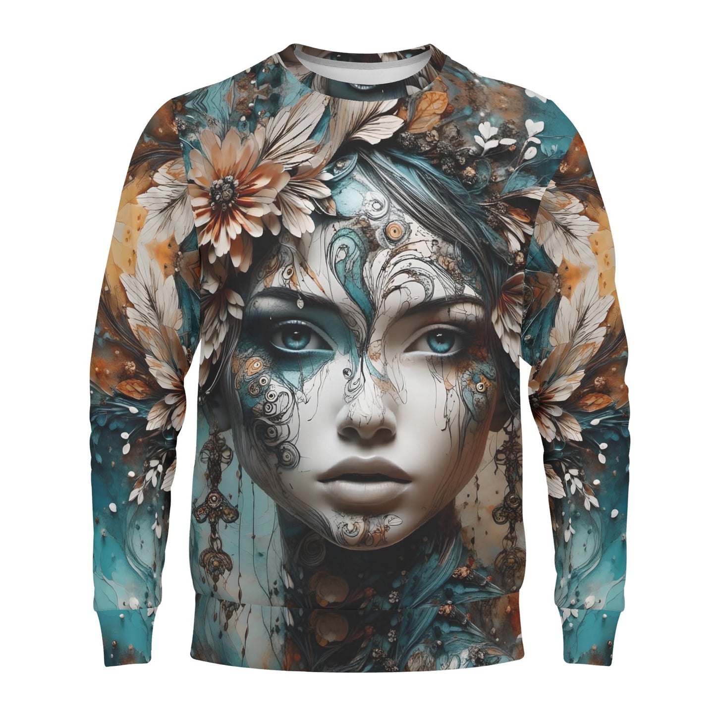 Unisex Seraph Shade Poly French Terry Sweatshirt by Loud and Lethal with intricate floral and artistic face design