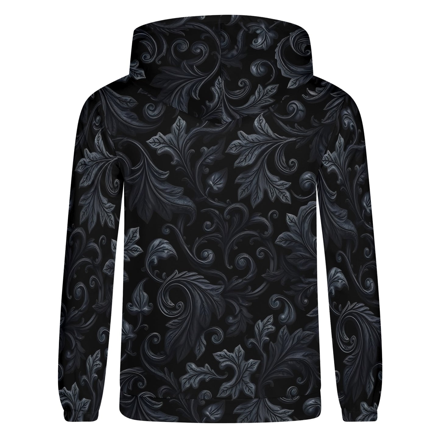 Unisex Shadowed Foliage Cotton Terry Hoodie by Loud and Lethal with dark intricate leaf pattern