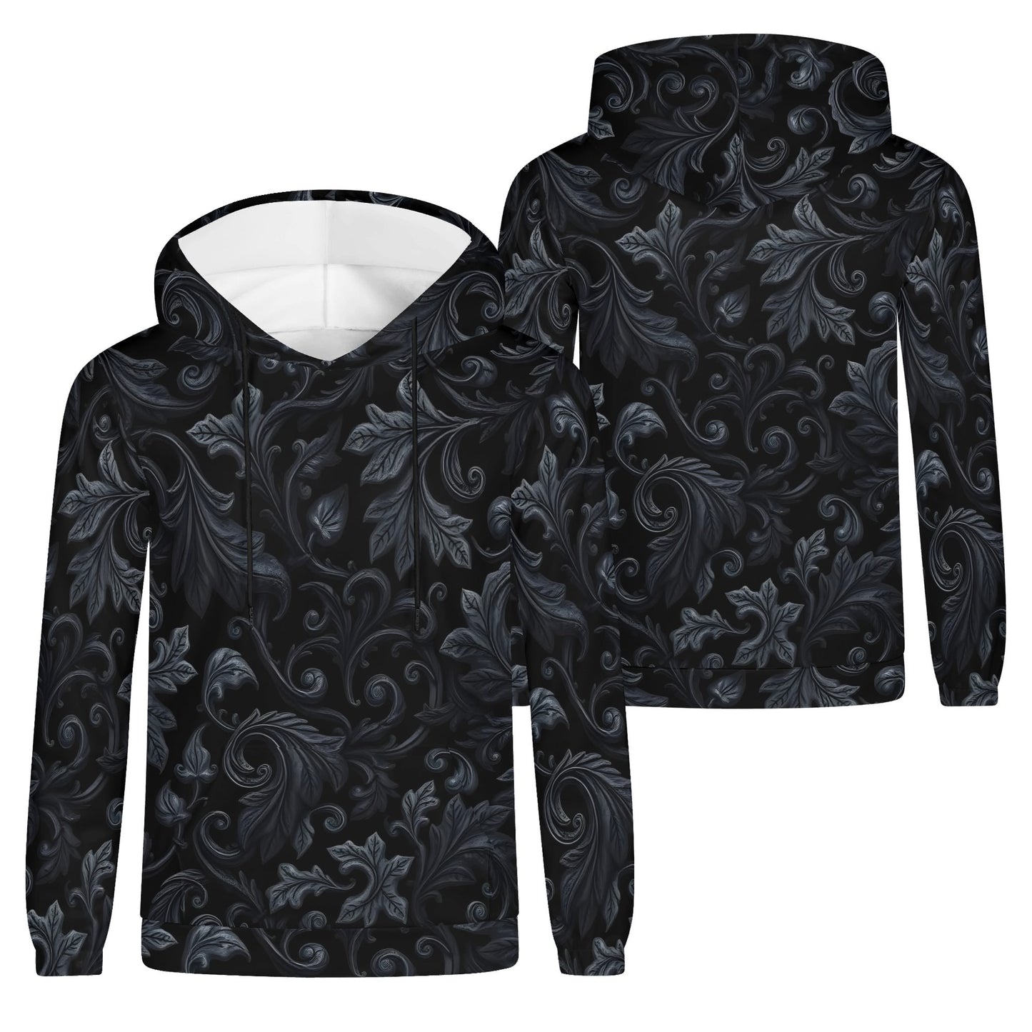 Shadowed Foliage Cotton Terry Hoodie by Loud and Lethal with black and gray leaf pattern unisex design
