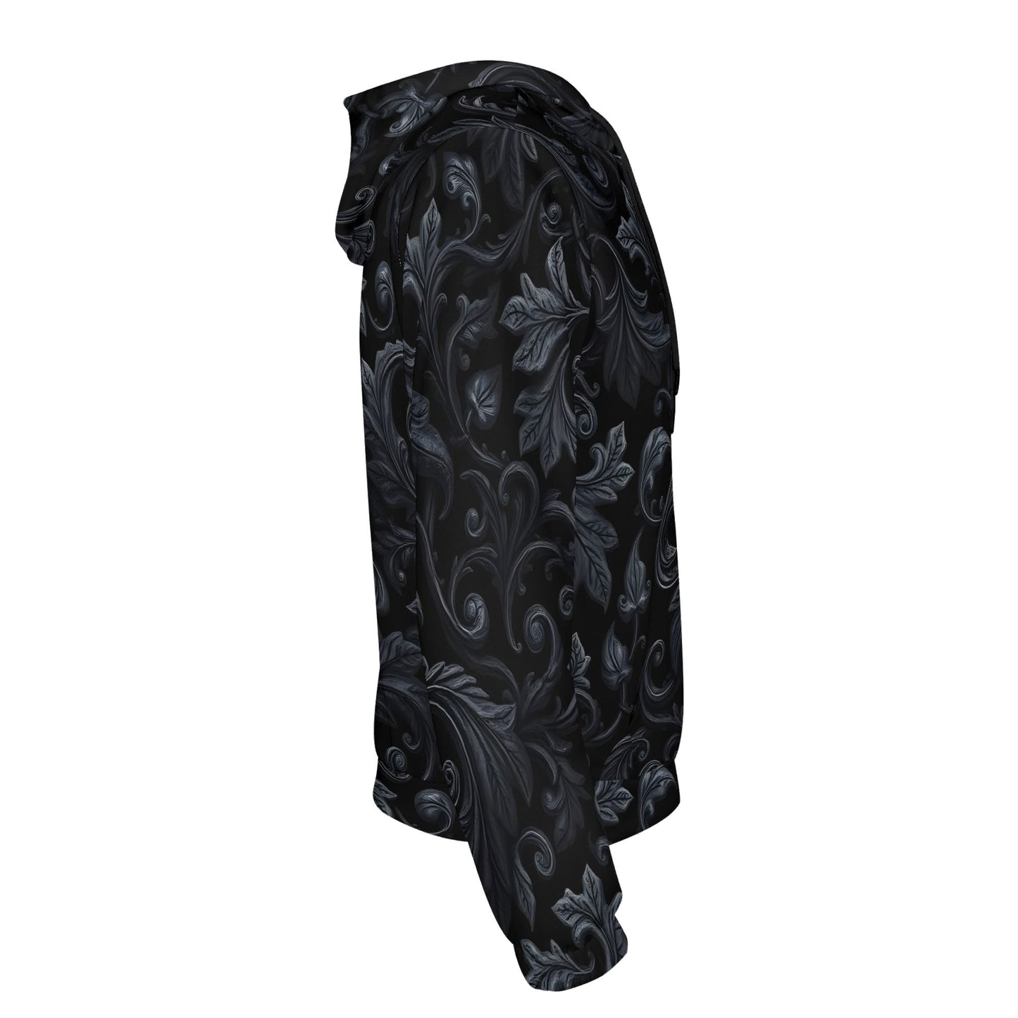 Loud and Lethal Shadowed Foliage Cotton Terry Hoodie unisex black floral patterned hoodie side view