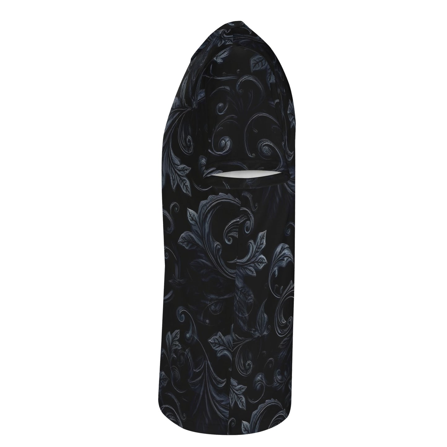 Loud and Lethal Shadowed Foliage Lycra T-Shirt unisex black with dark floral pattern side view