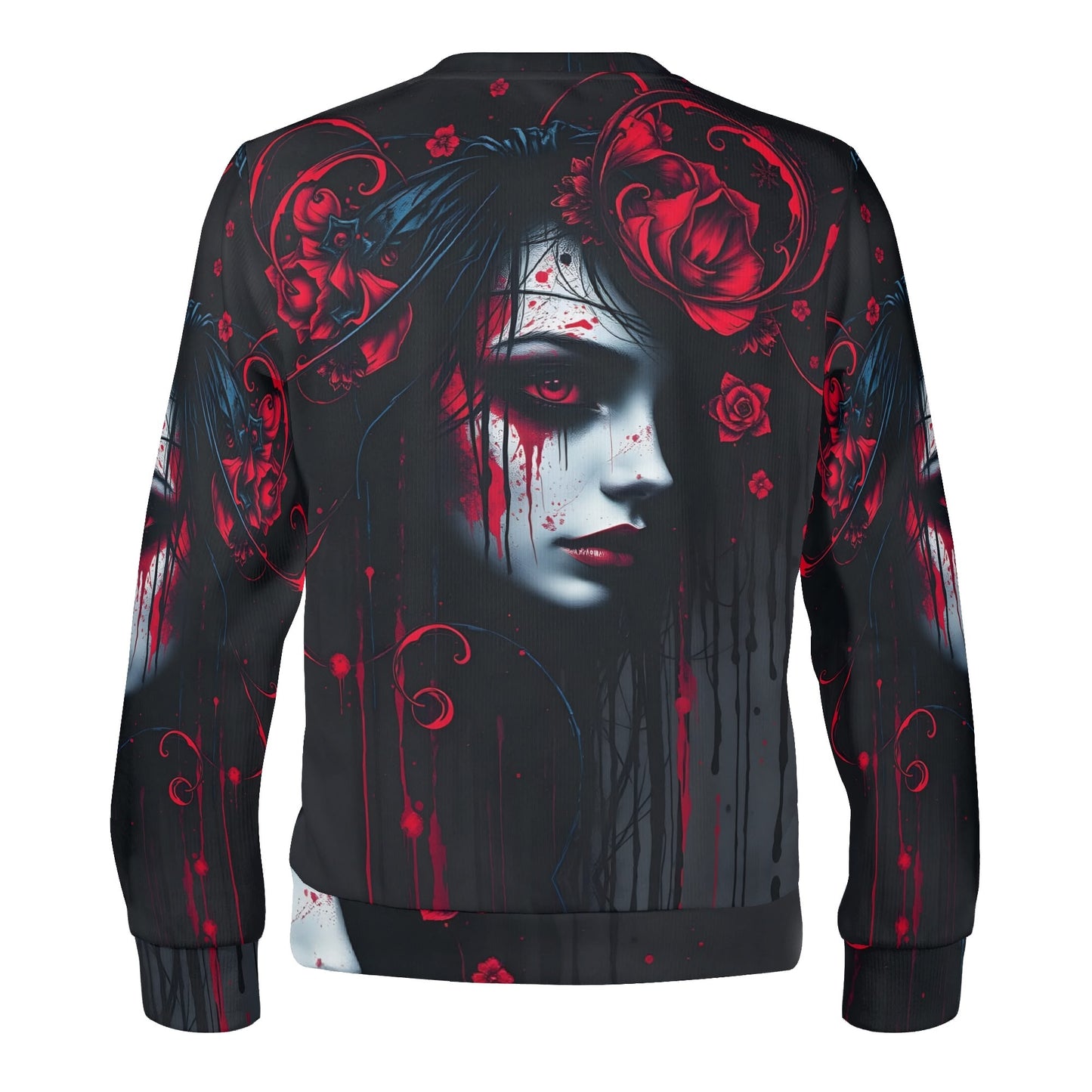 Tendrils of Darkness Poly French Terry Sweatshirt back view unisex sweater with gothic woman face and red roses