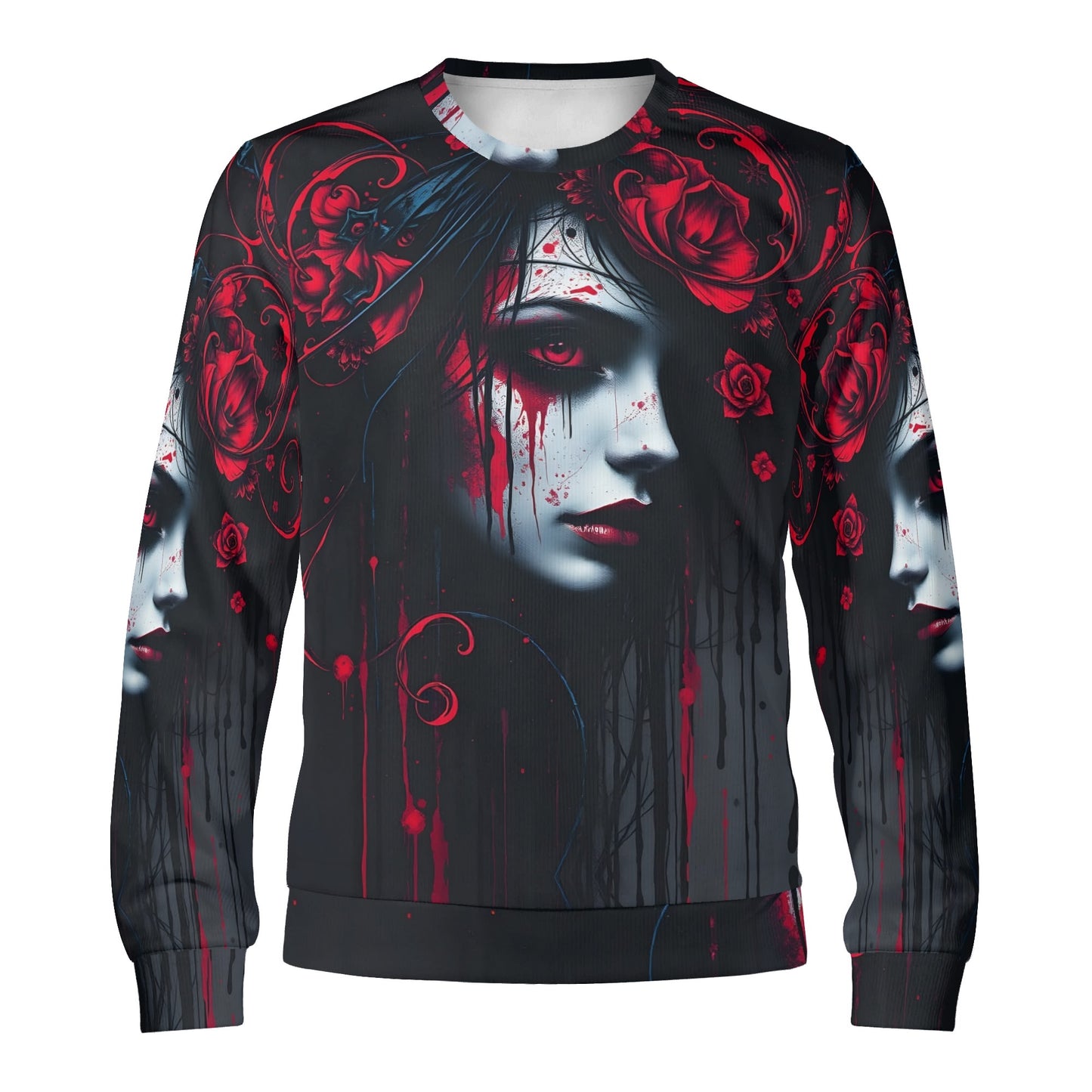 Tendrils of Darkness Poly French Terry Sweatshirt unisex Loud and Lethal black sweatshirt with gothic female face and red roses