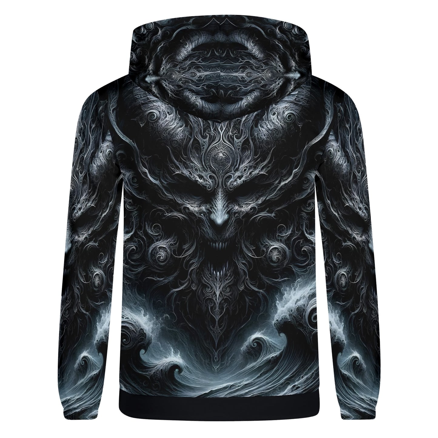 Back view of Loud and Lethal Shadows of Perdition Cotton Terry Hoodie with dark intricate fantasy artwork
