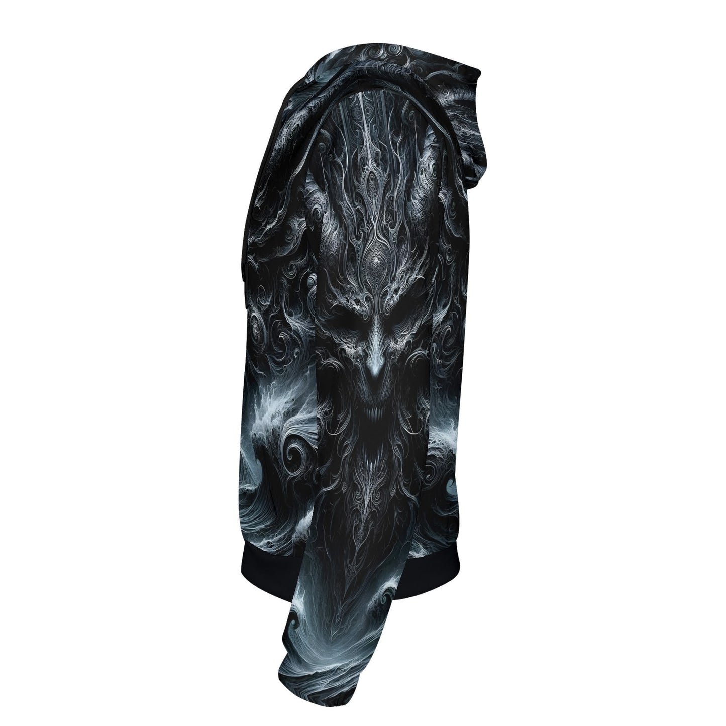 Side view of Loud and Lethal Shadows of Perdition Cotton Terry Hoodie with dark intricate fantasy design