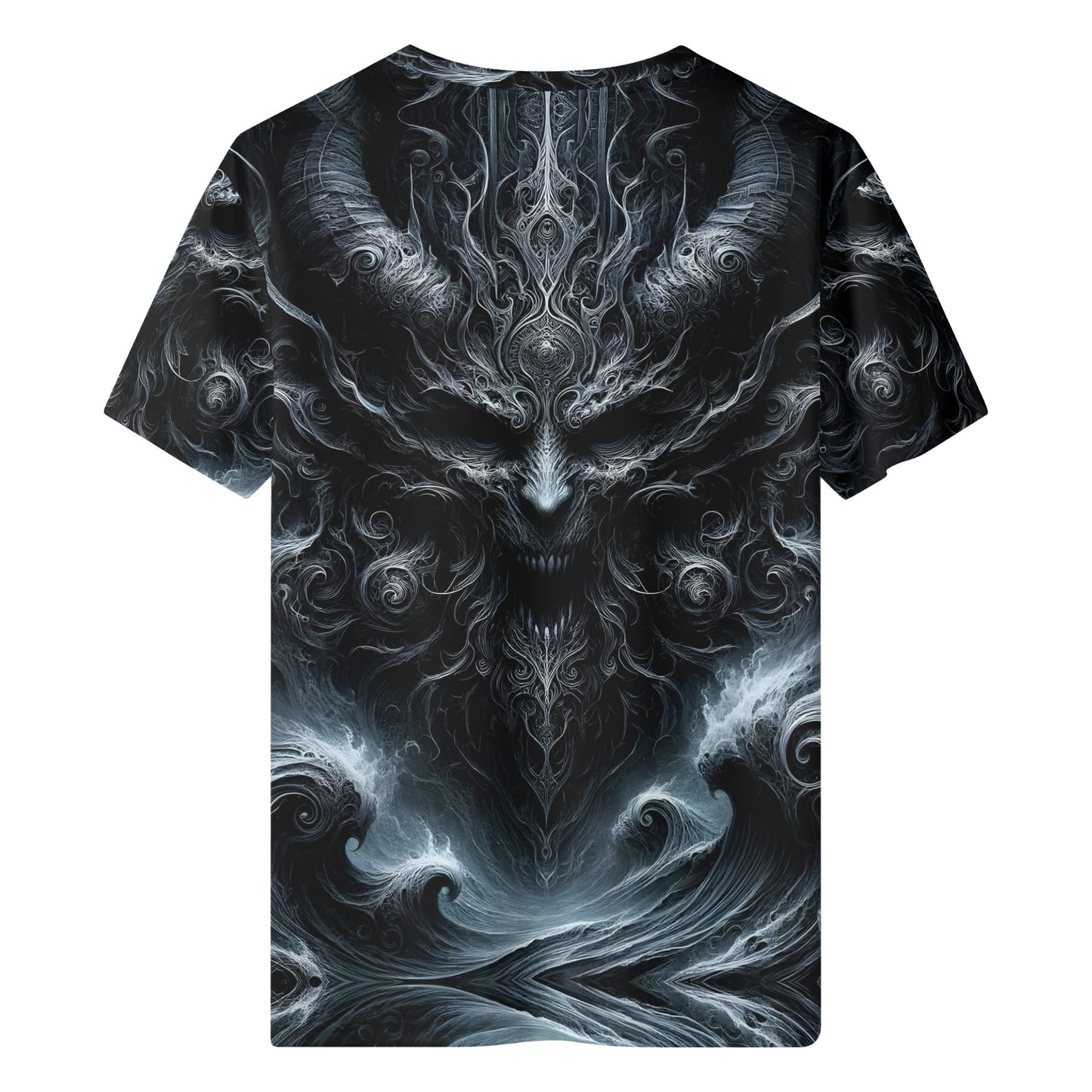 Back view of Loud and Lethal Shadows of Perdition Lycra T-Shirt with dark fantasy demon design
