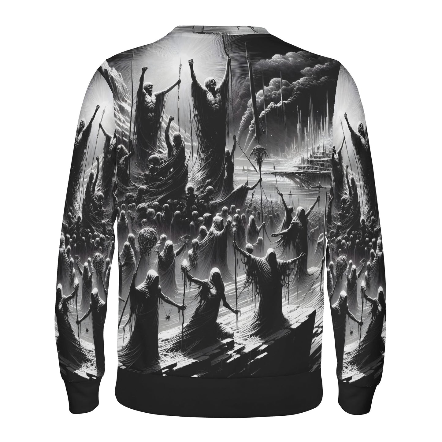 Rise of the Fallen Cotton Terry Sweatshirt unisex sweater back view with black and white apocalyptic crowd print