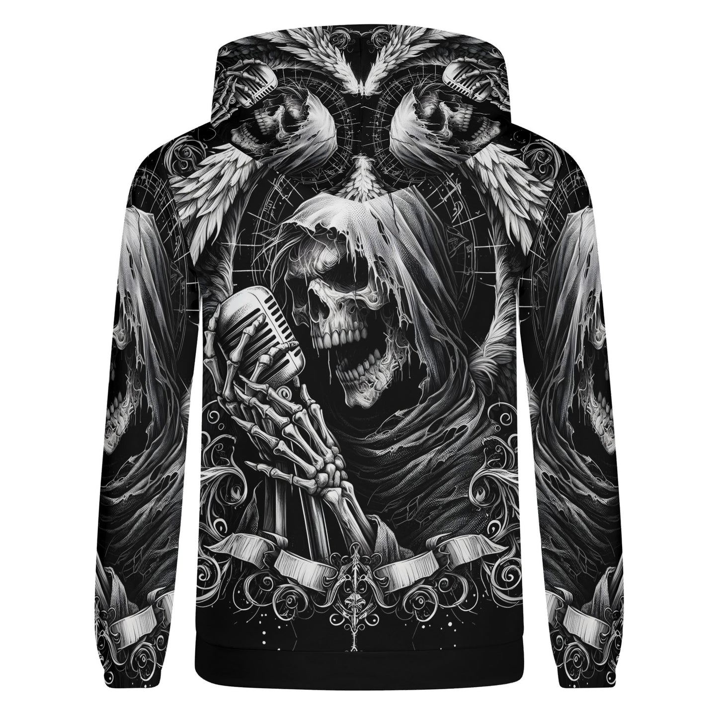 Shadowy Singer Poly French Terry Hoodie featuring a skeleton singer holding a vintage microphone in grayscale design