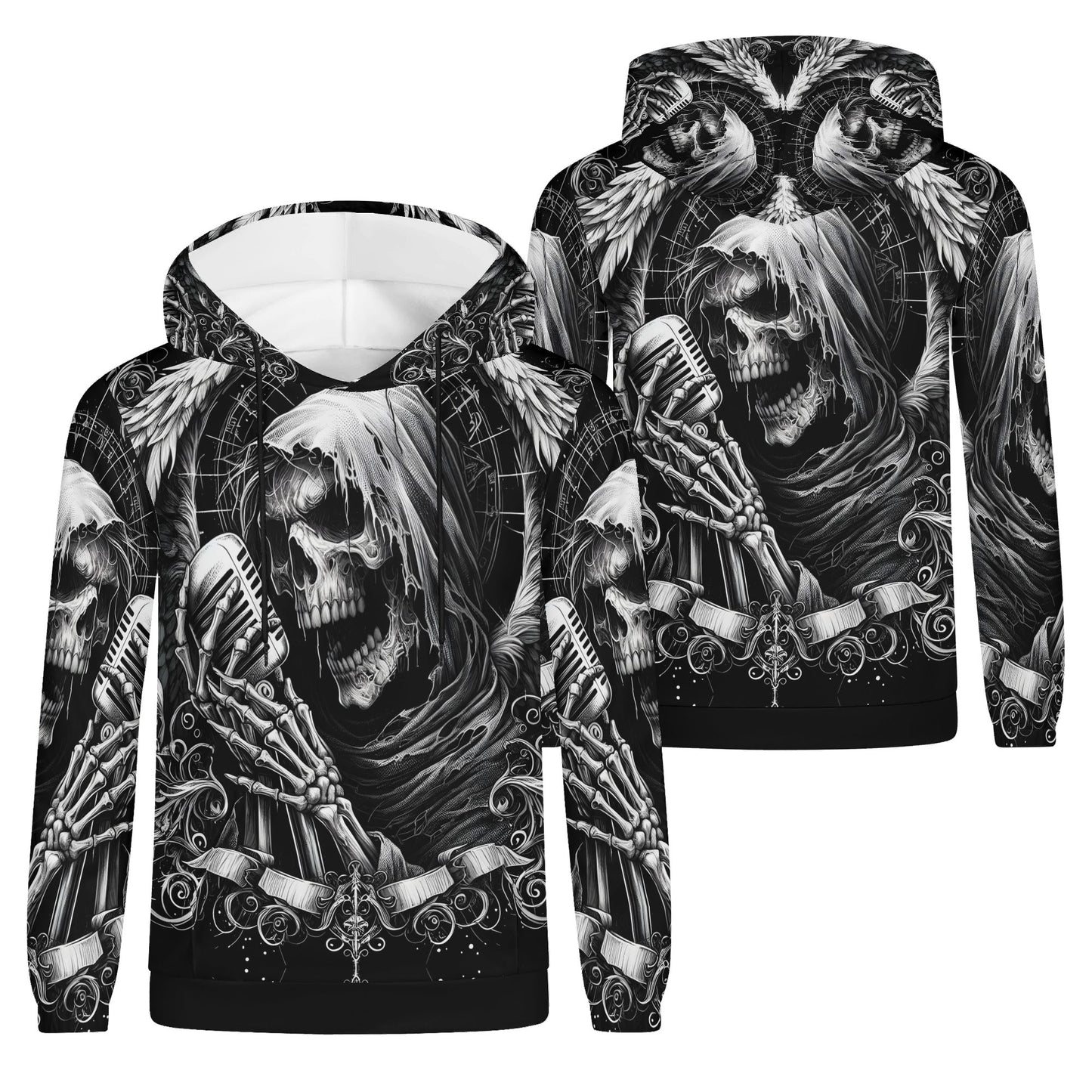 Shadowy Singer Poly French Terry Hoodie by Loud and Lethal with skeleton and vintage microphone design