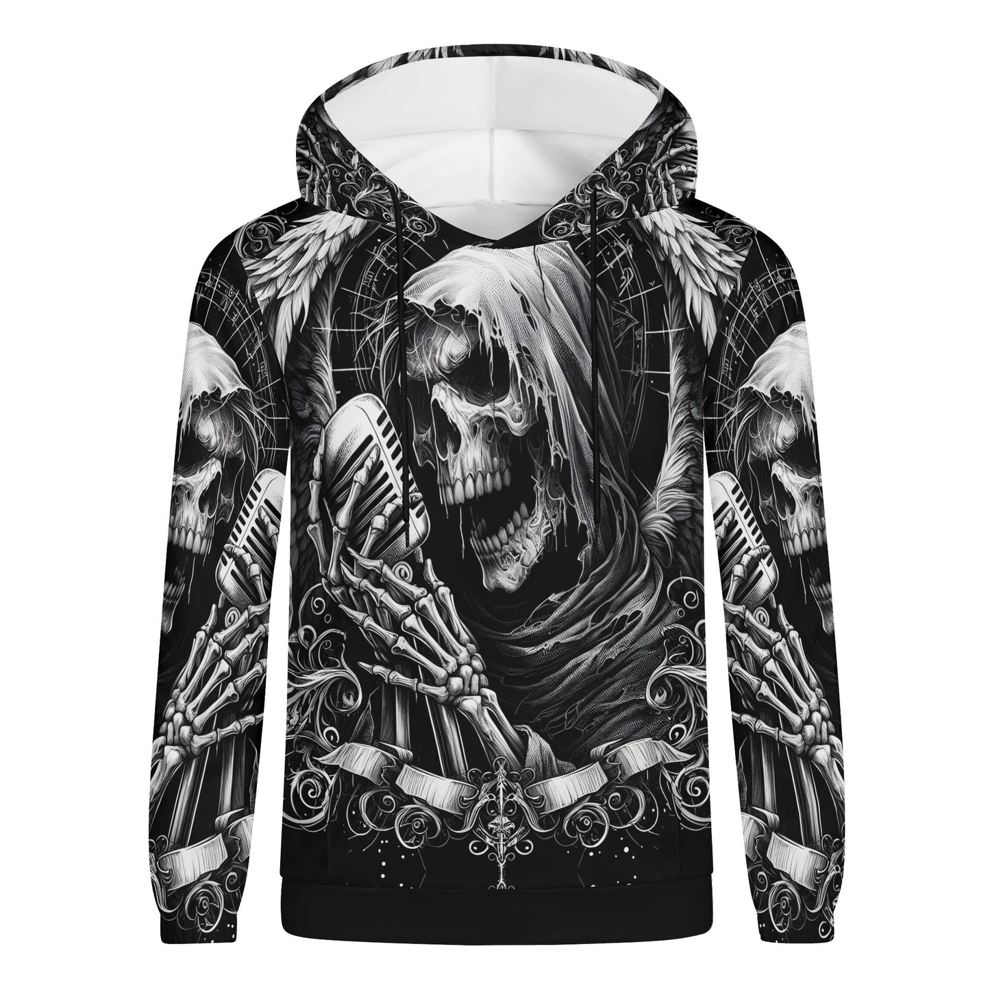 Shadowy Singer Poly French Terry Hoodie by Loud and Lethal with skeleton singer design in black and white