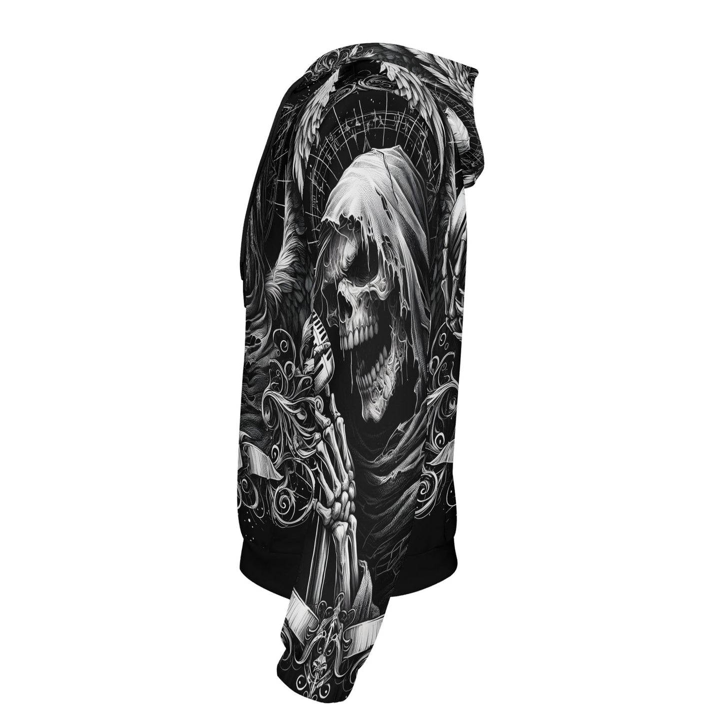 Side view of Loud and Lethal Shadowy Singer Poly French Terry Hoodie with skull and skeletal design