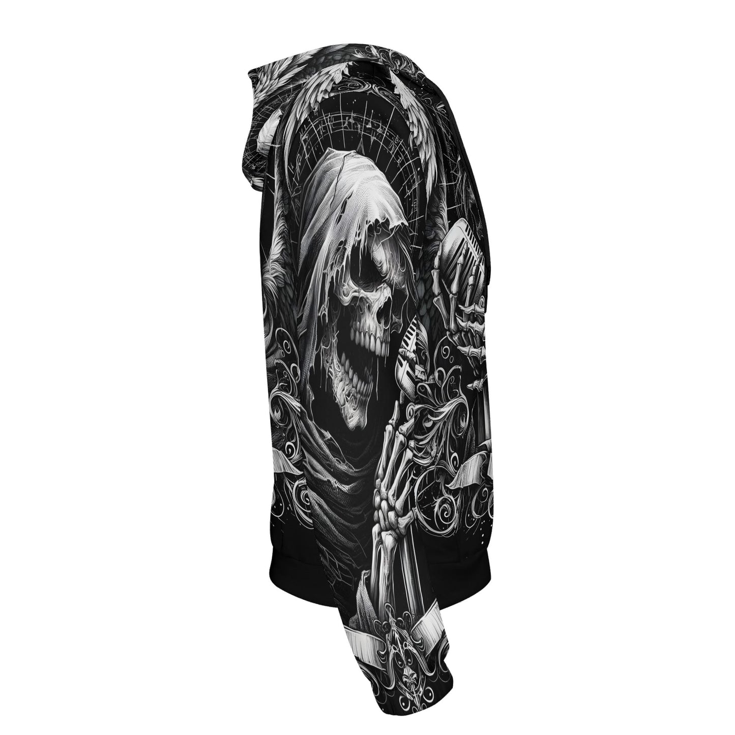 Black Shadowy Singer Poly French Terry Hoodie with detailed skeleton and hooded figure graphic design