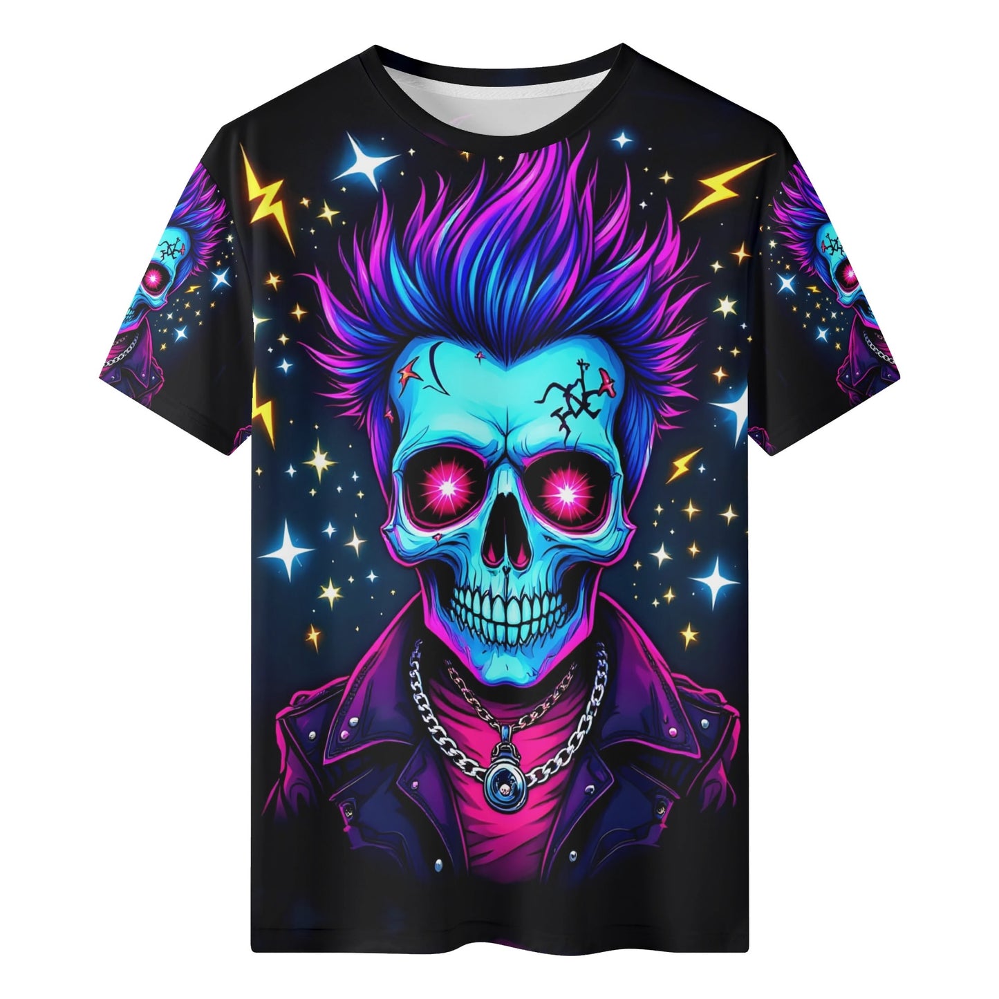 Shockwave Warrior Organic Cotton Kids T-Shirt featuring neon punk skull with vibrant purple hair and lightning design
