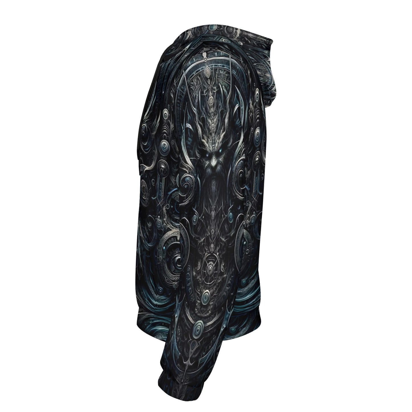 Side view of Loud and Lethal Sigil of Shadows Cotton Terry Hoodie with dark intricate fantasy design