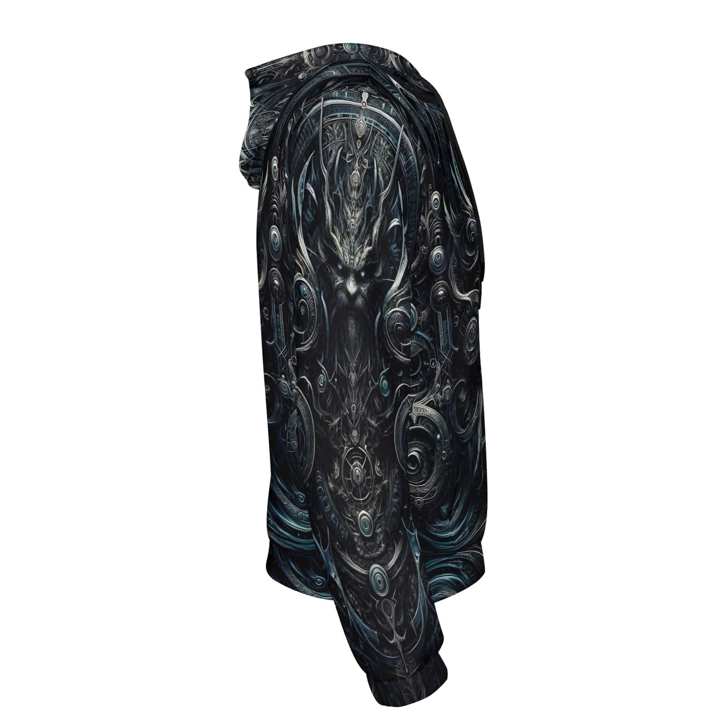 Side view of Loud and Lethal Sigil of Shadows Cotton Terry Hoodie with detailed dark mystical design