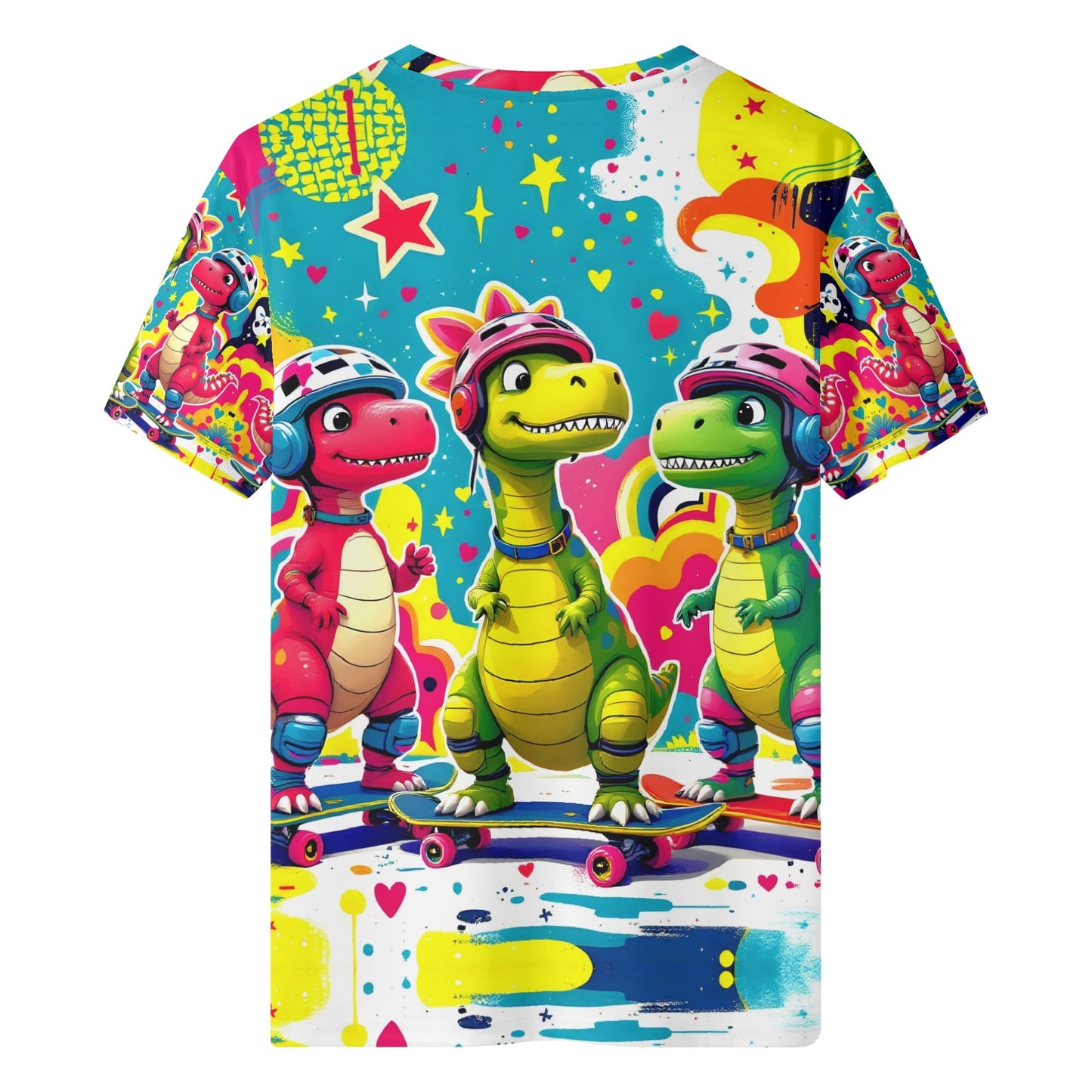 Skate n Roar Organic Cotton Kids T-Shirt featuring colorful dinosaurs on skateboards